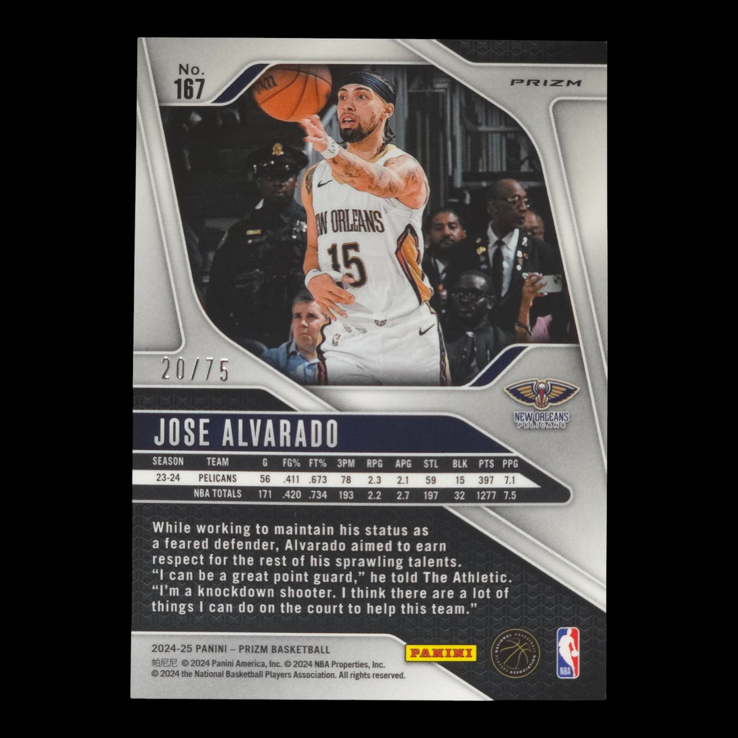 2024-25 JOSE ALVARADO Purple Fast Break 20/75 Prizm Pelicans #167