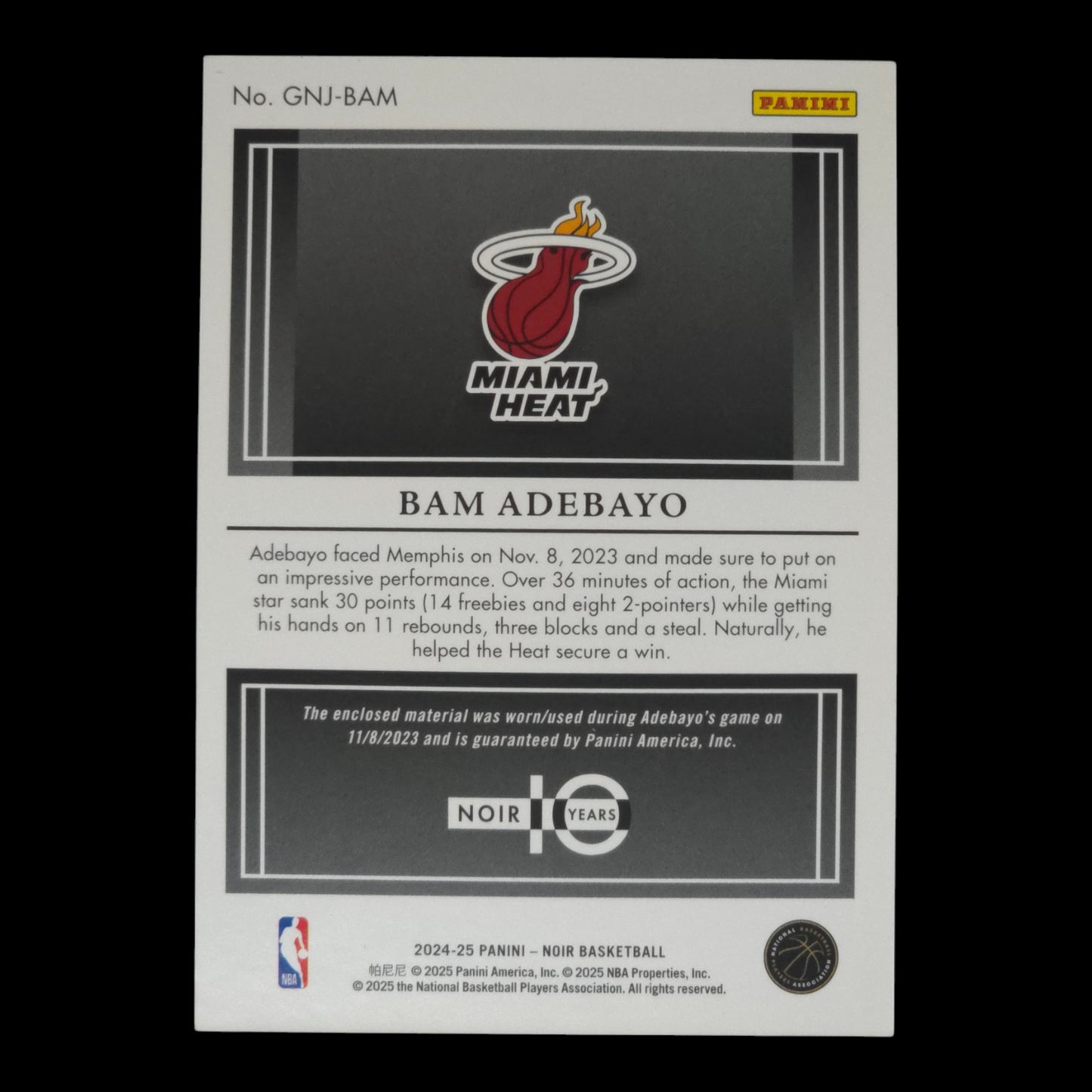 2024-25 BAM ADEBAYO Game Night Jerseys 56/99 Noir GNJ-BAM