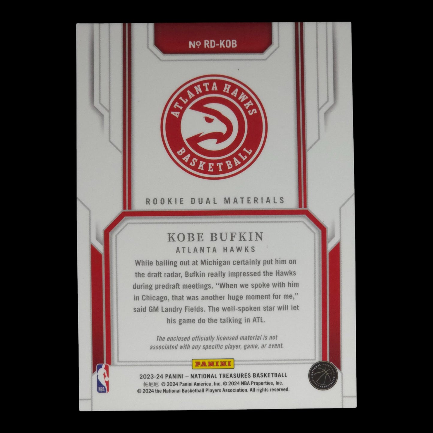 2023-24 KOBE BUFFKIN Rookie Dual Materials 73/99 National Treasures RD-KOB