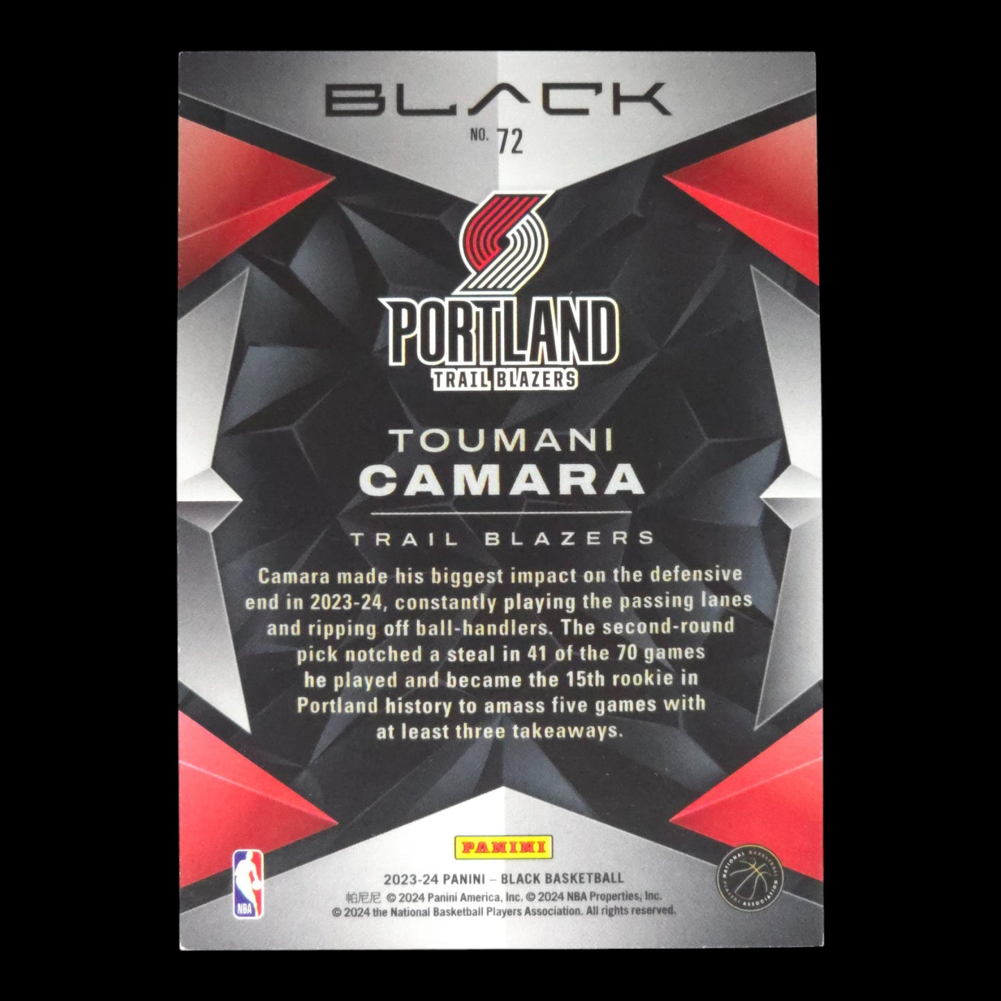 2023-24 TOUMANI CAMARA 26/75 Panini Black Blazers #72