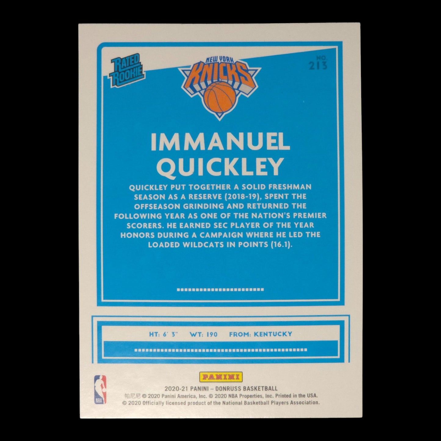 2020-21 IMMANUEL QUICKLEY Rated Rookie Donruss Knicks #213