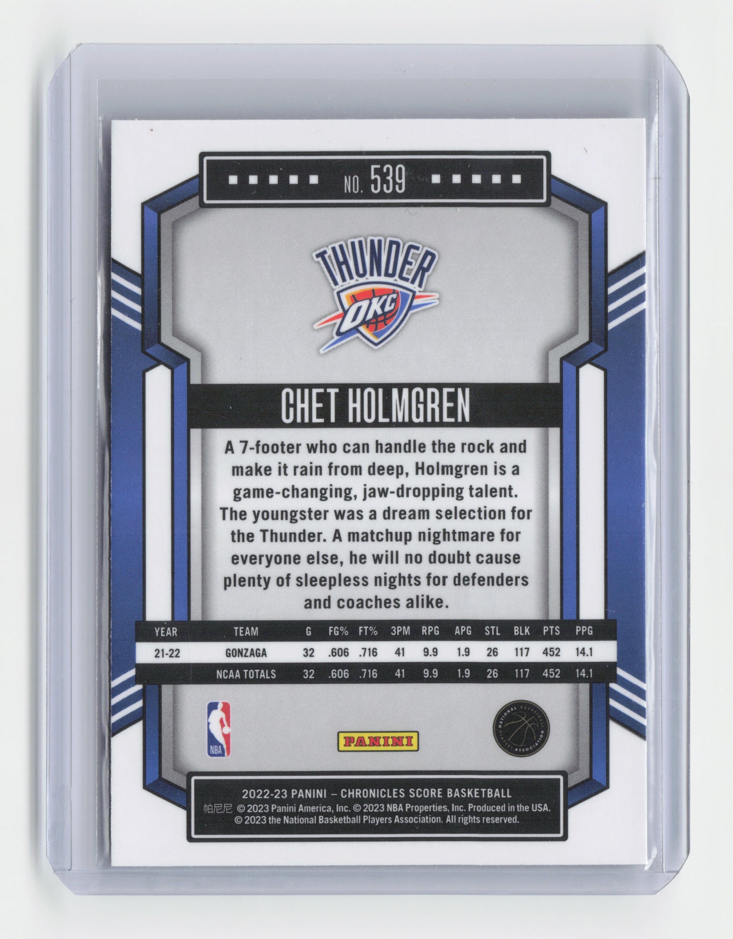 2022-23 - CHET HOLMGREN - Score Rookie Base Insert - Chronicles - OKC #539