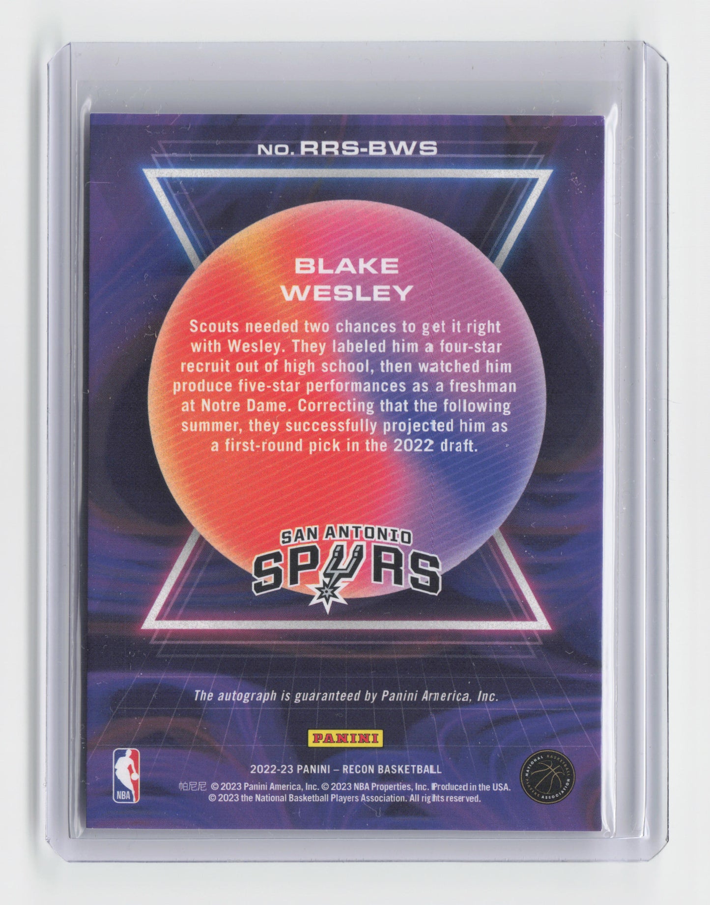2022-23 BLAKE WESLEY - Rookie Autograph 20/25 - Recon - Spurs