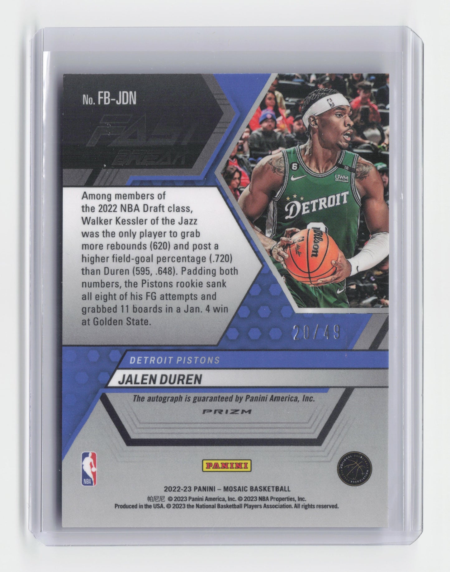 2022-23 - JALEN DURAN - Fast Break Autograph - Pistons