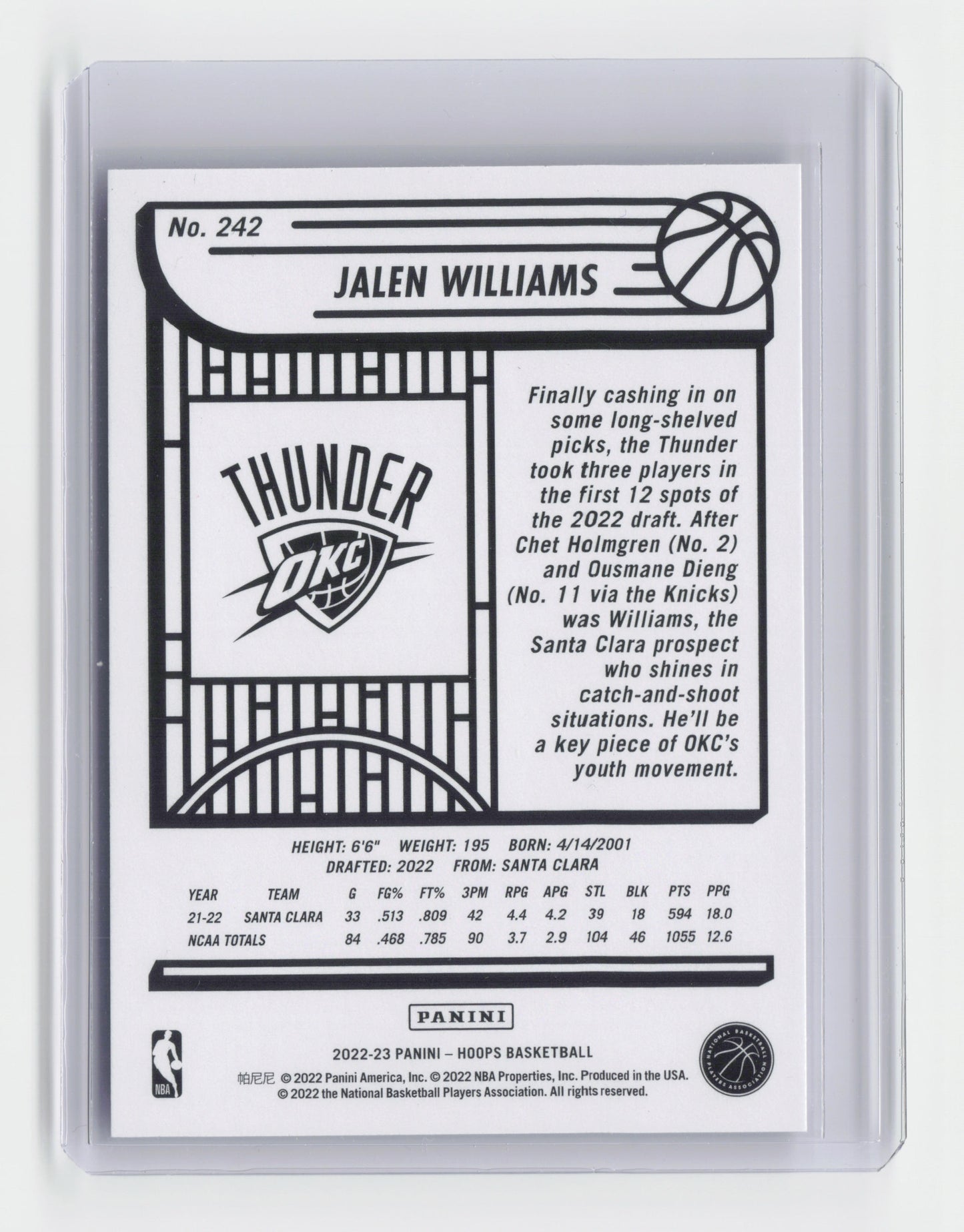 2022-23 - JALEN WILLIAMS - Rookie Base -Hoops - OKC - #242