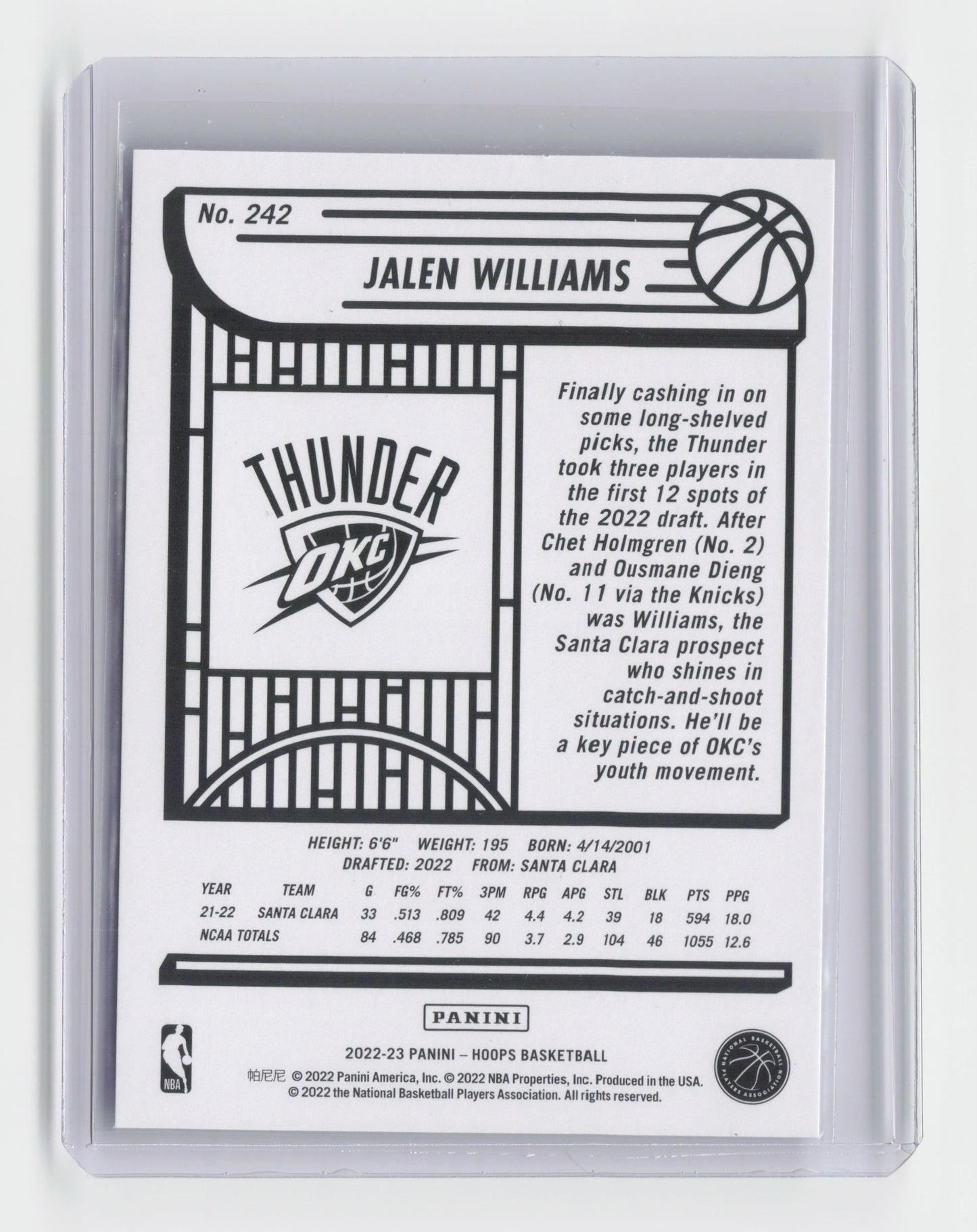 2022-23 - JALEN WILLIAMS - Rookie Base -Hoops - OKC - #242