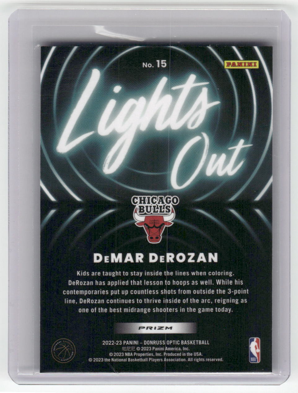 2022-23 DeMAR DeROZAN Lights Out Fast Break Insert Optic Bulls #15