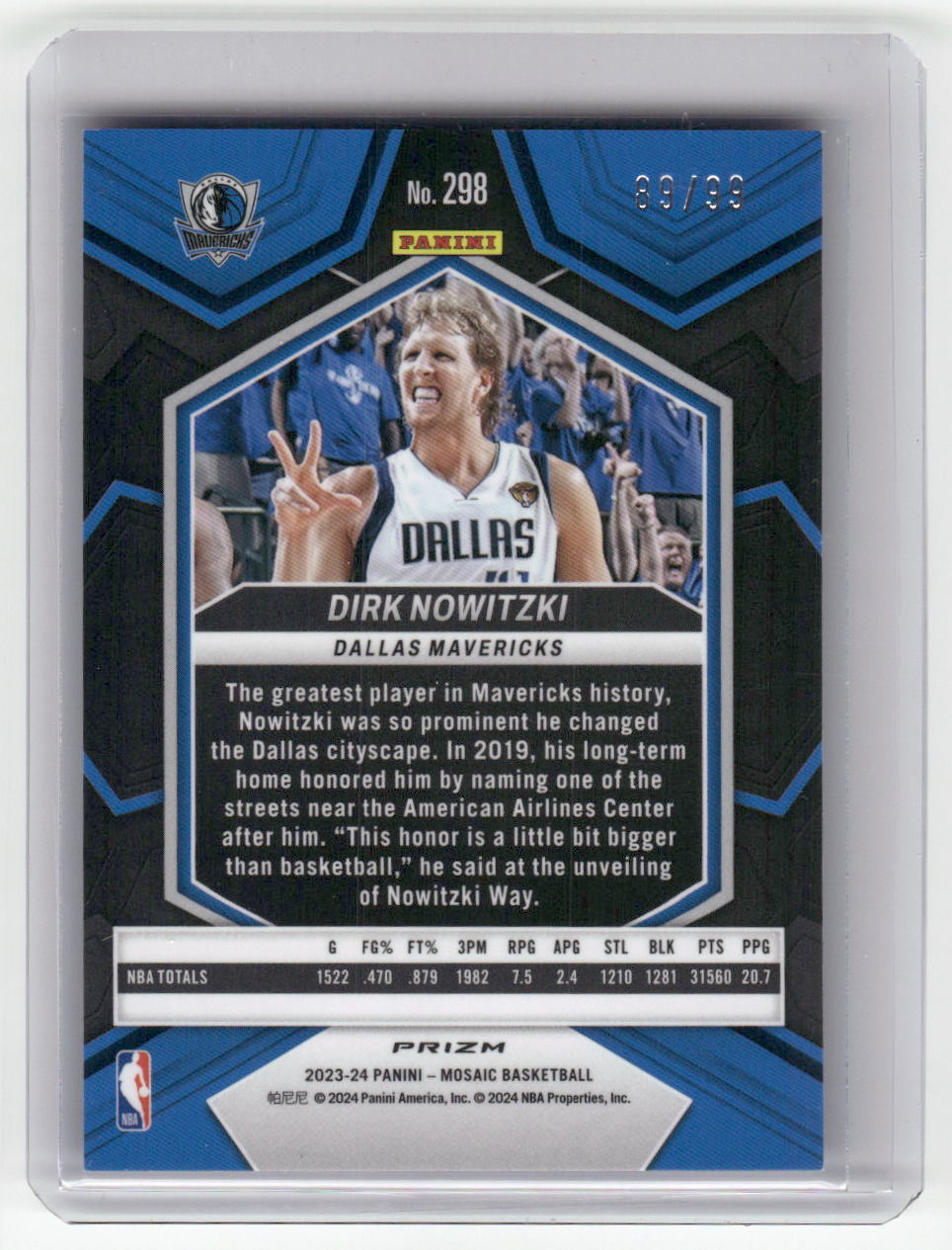 2023-24 DIRK NOWITZKI NBA Greats Purple 89/99 Mosaic Mavs #298