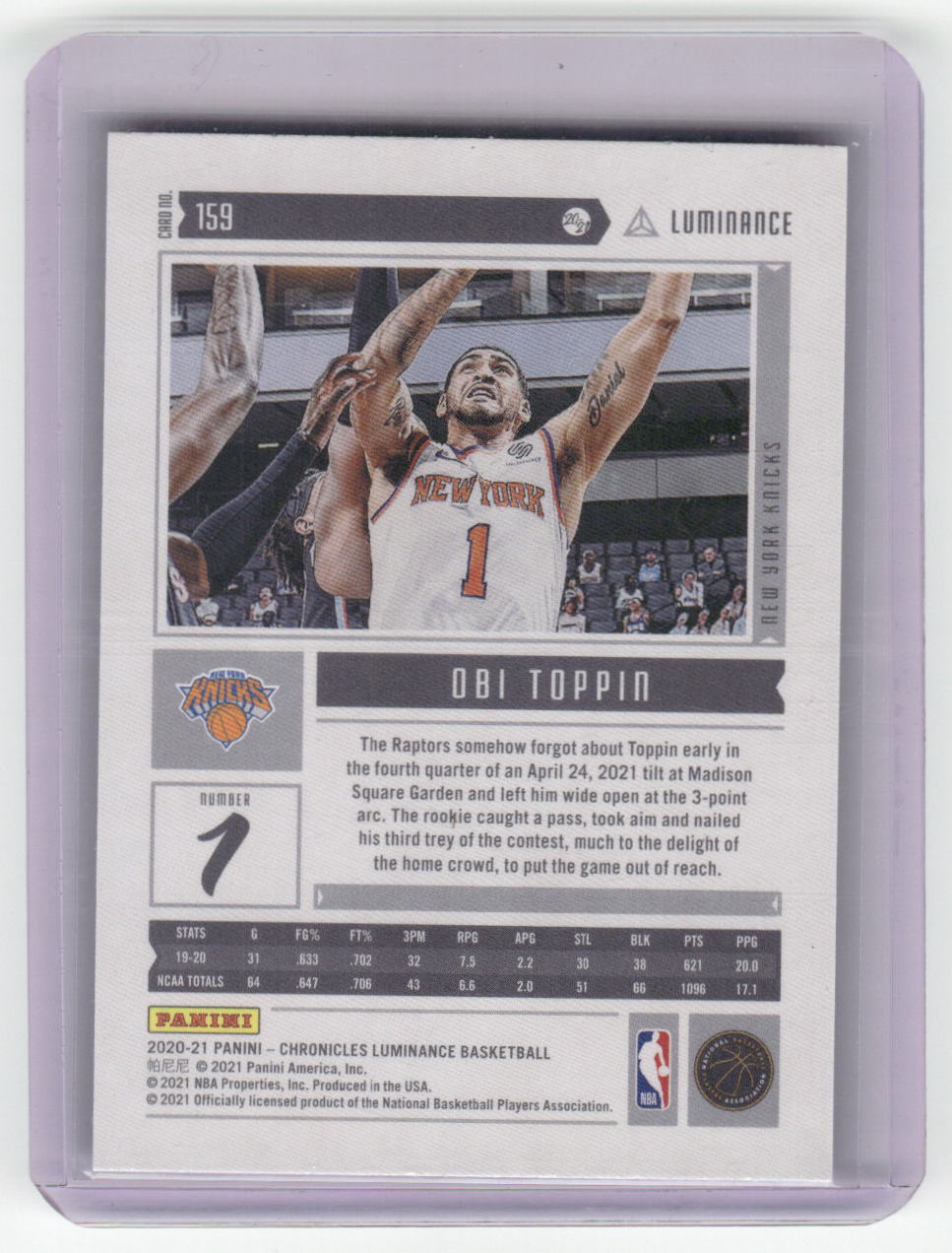 2020-21 OBI TOPPIN Luminance Rookie Chronicles Knicks #159