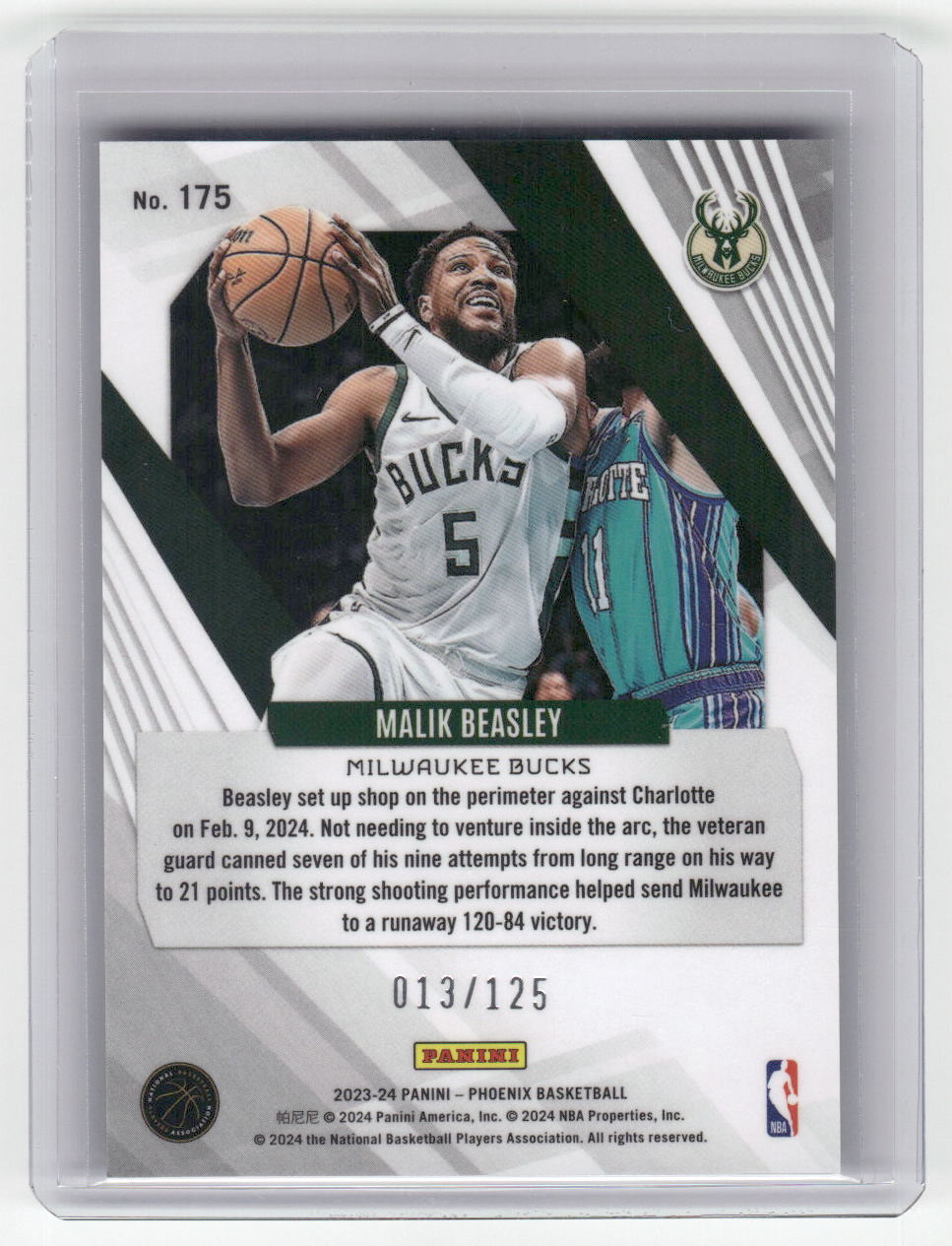 2023-24 MALIK BEASLEY Seismic 13/125 Phoenix Bucks #175