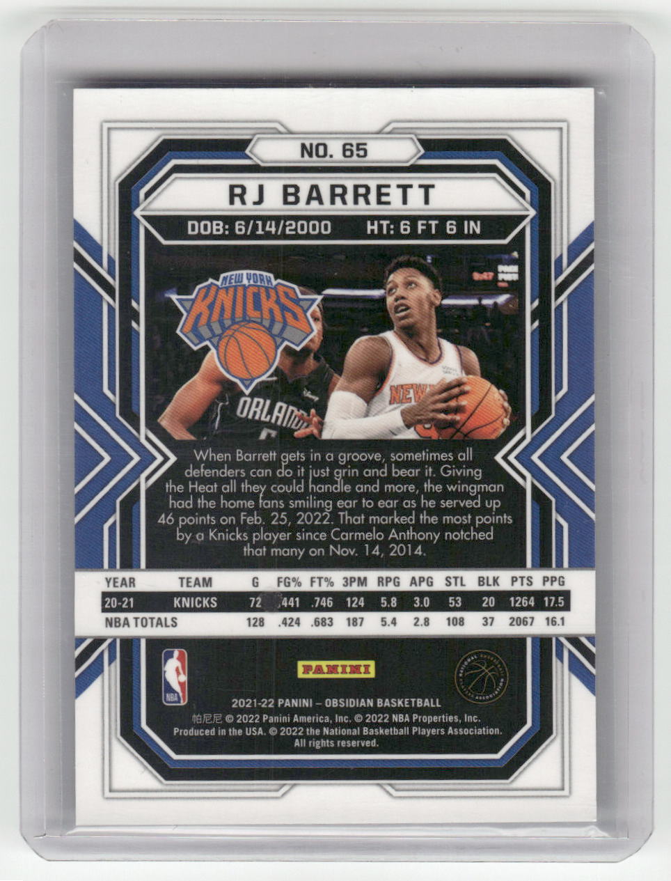 2021-22 RJ BARRETT Obsidian Base New York Knicks #65