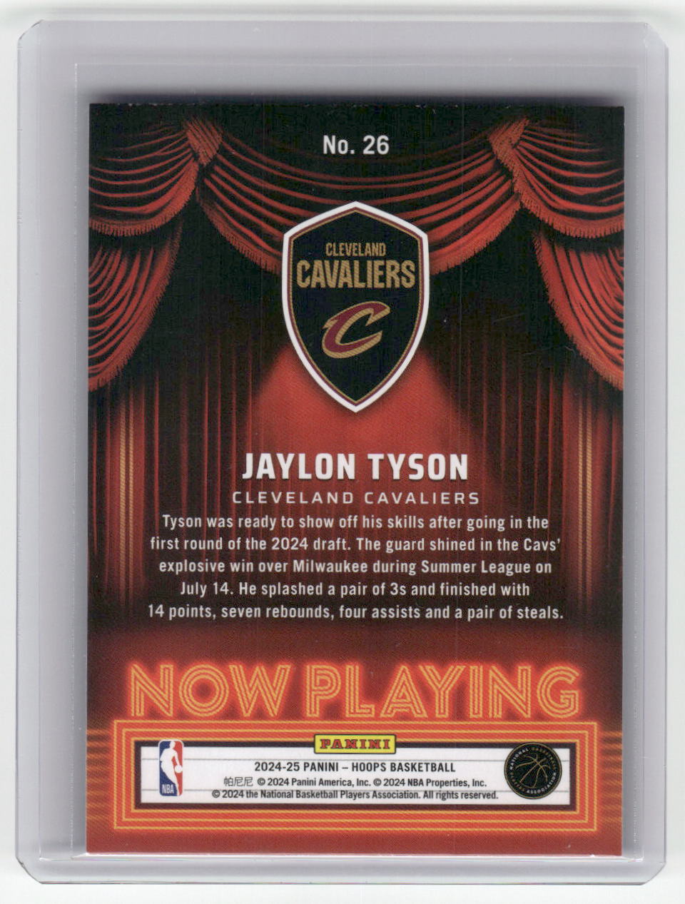2024-25 JAYLON TYSON Rookie Now Playing Hoops Cavaliers #26