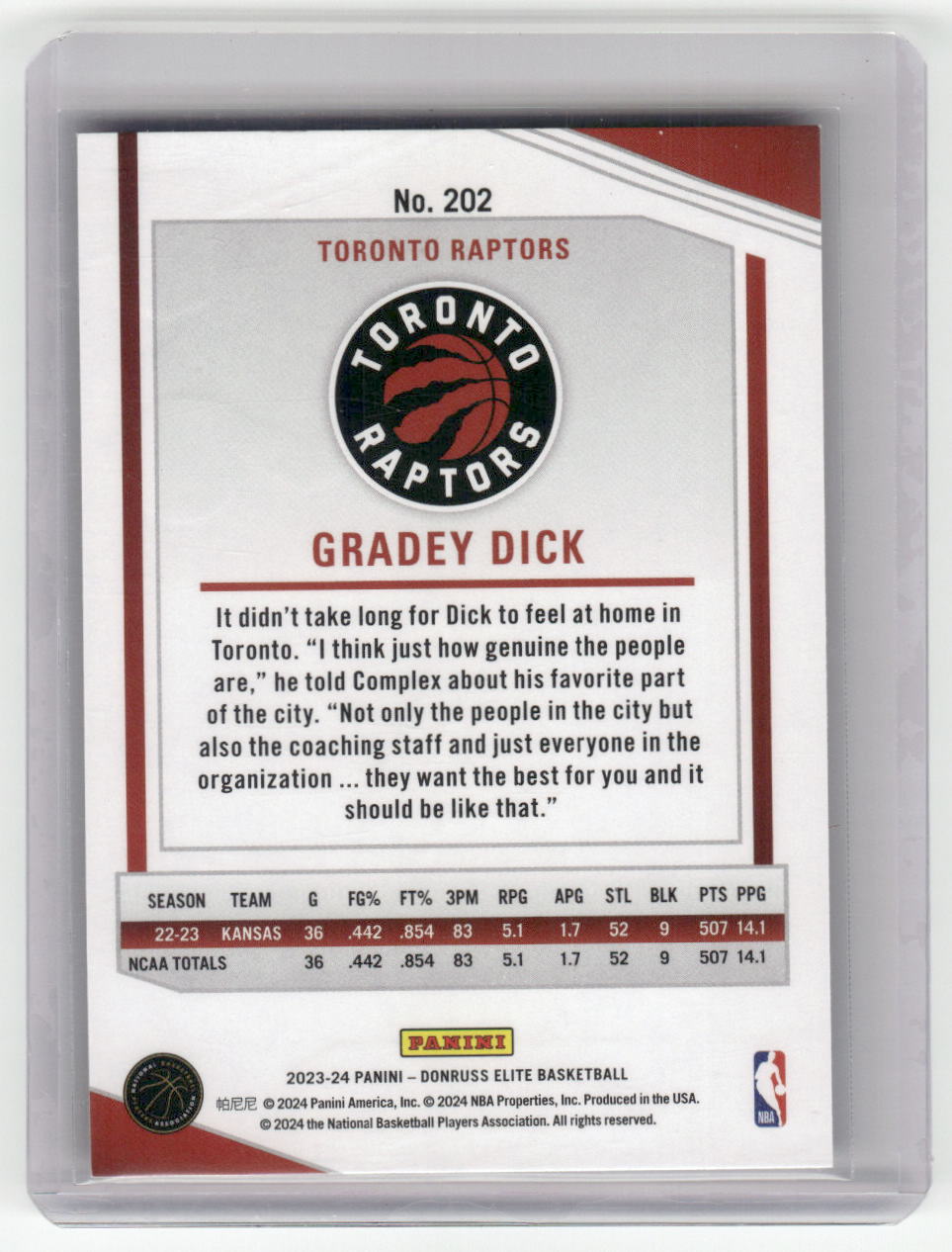 2023-24 GRADEY DICK Rookie Orange Elite Raptors #202