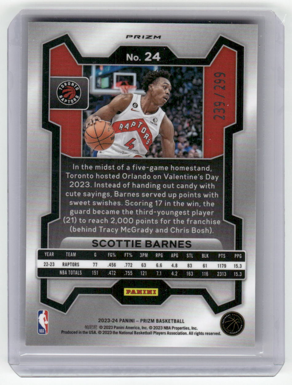 2023-24 SCOTTIE BARNES Red Seismic 239/299 Prizm Raptors #24