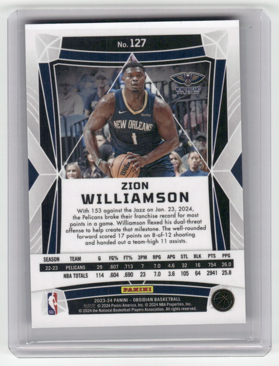 2023-24 ZION WILLIAMSON - Base Silver - Obsidian - Pelicans #127