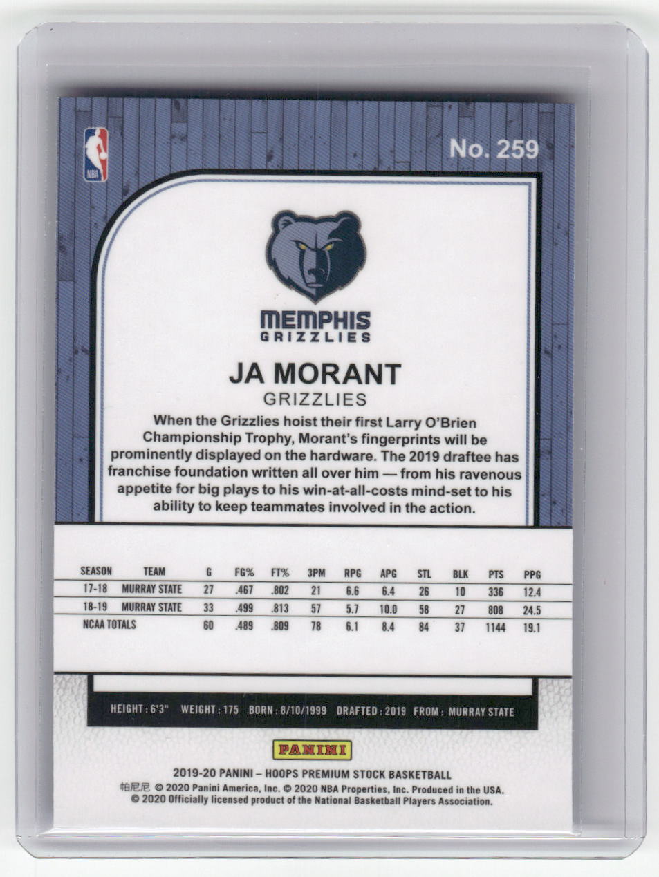 2018-19 JA MORANT ROOKIE Hoops Premium Grizzlies #259