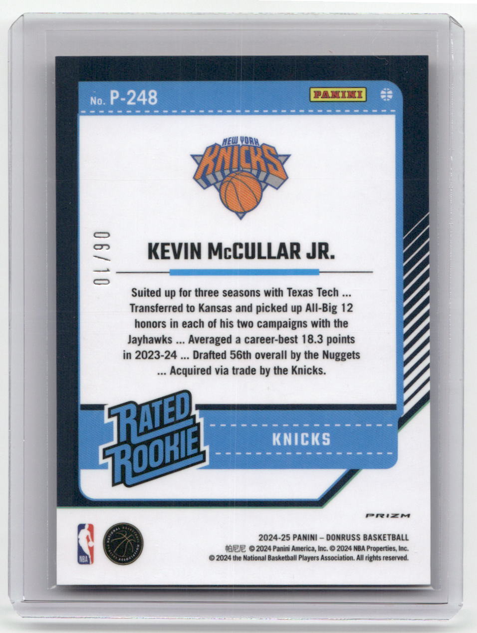 2024-25 KEVIN McCULLAR JR. Gold Rated Rookie 6/10 Donruss Knicks #248