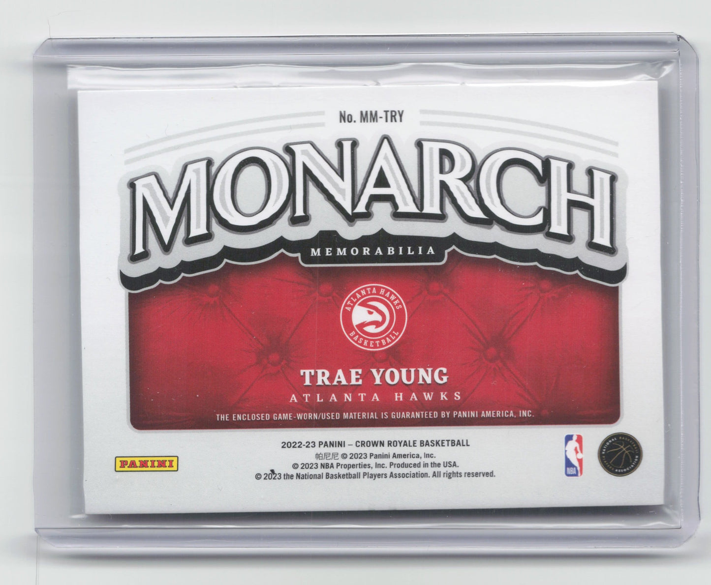 2022-23 TRAE YOUNG Monarch Game Worn Patch Crown Royale Hawks #MM-TRY