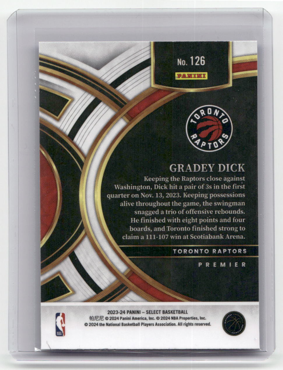 2023-24 GRADY DICK Premier Rookie Select Raptors #126