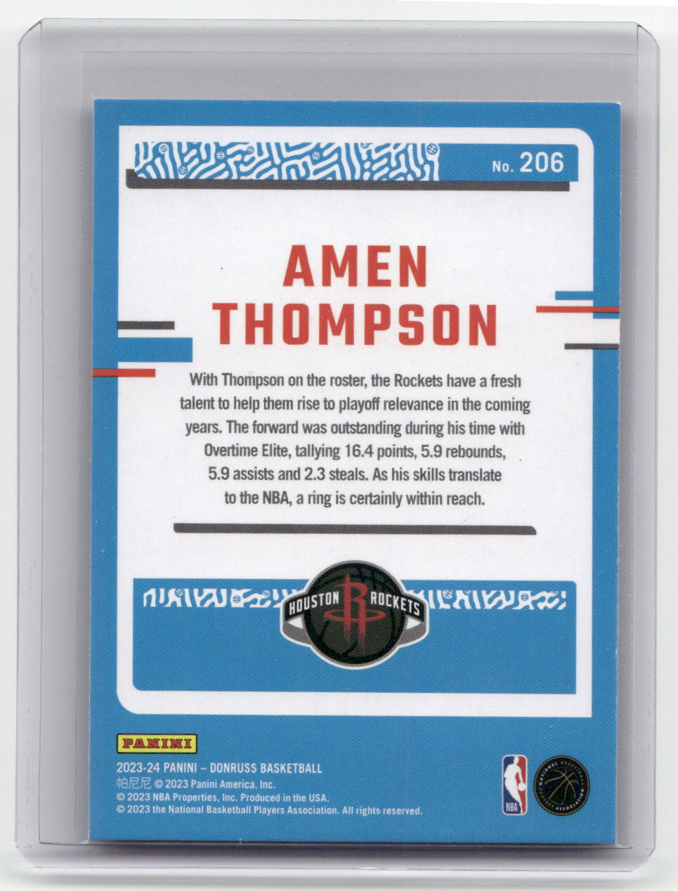 2023-24 AMEN THOMPSON Rated Rookie Donruss International Rockets #206