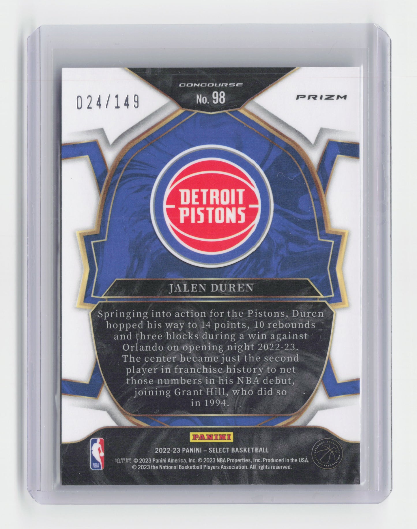 2022-23 JALEN DUREN RC White 024-149 Concourse Select Pistons #98