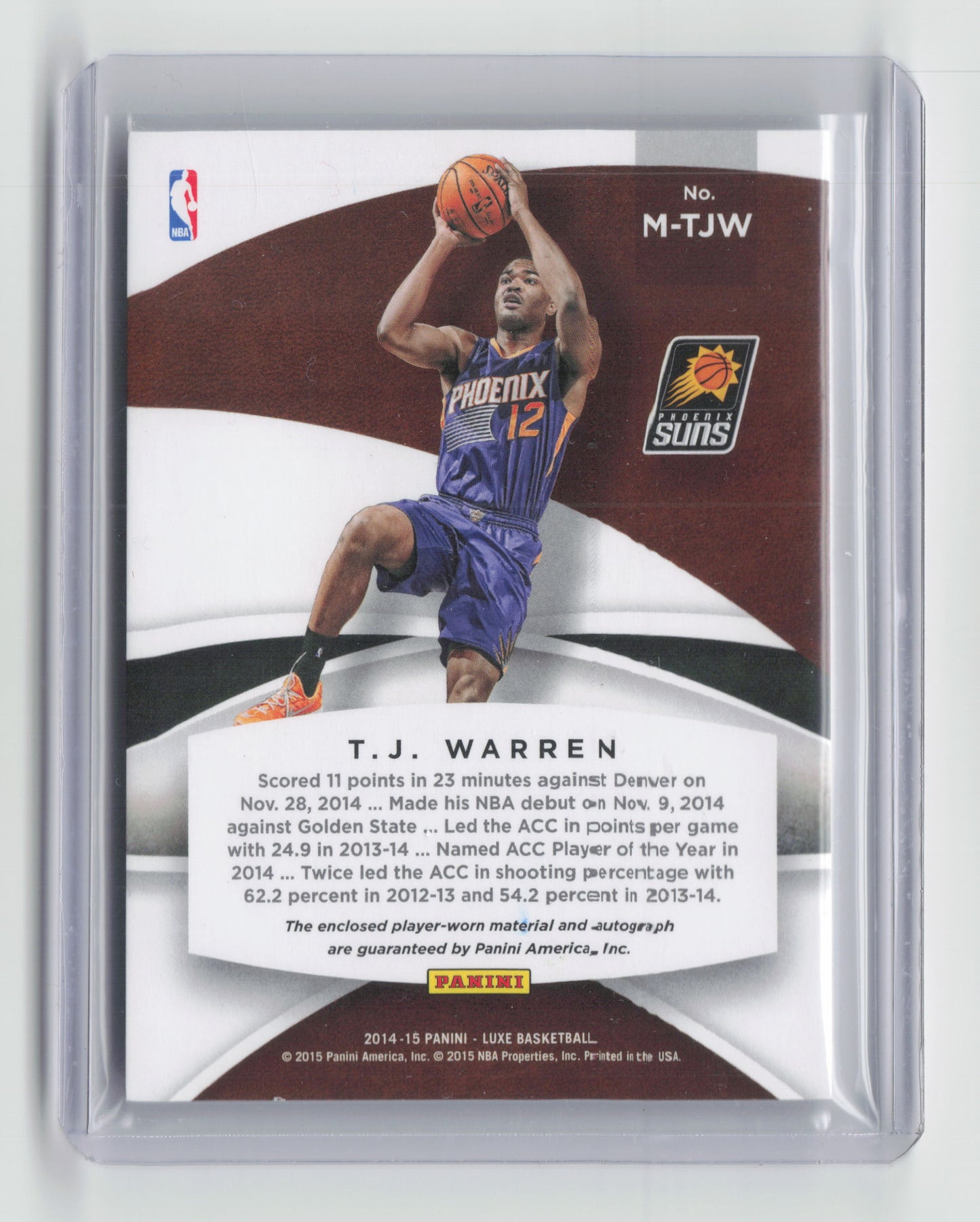 2014-15 T.J WARREN LUXE On Card Player Worn RC Autograph Patch 17/49 Suns #M-TJW