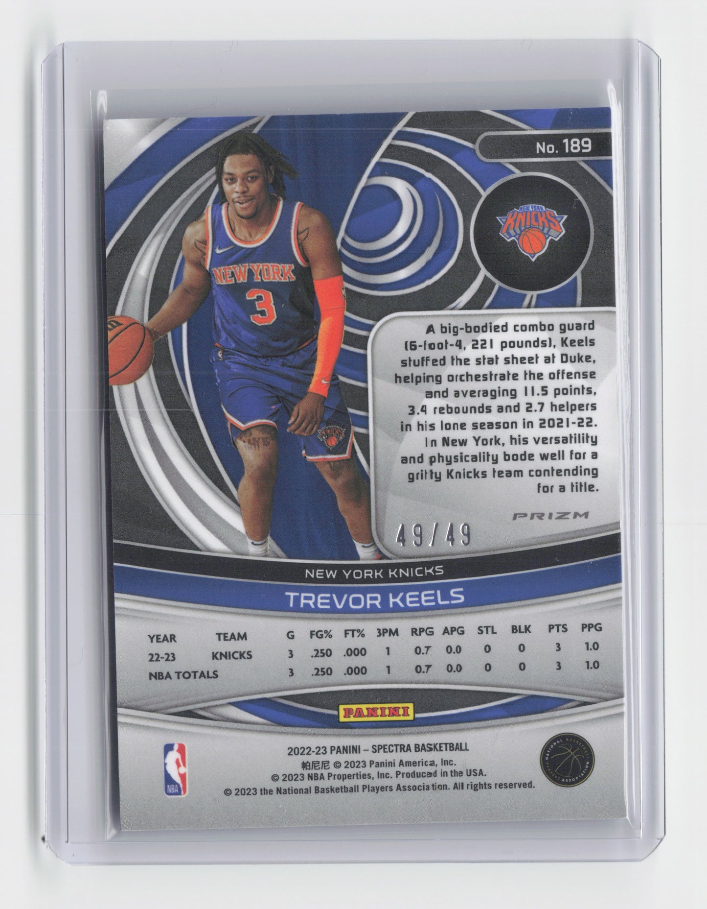 2022-23 TREVOR KEELS RC 49/49 Blue and Orange Spectra Knicks #189