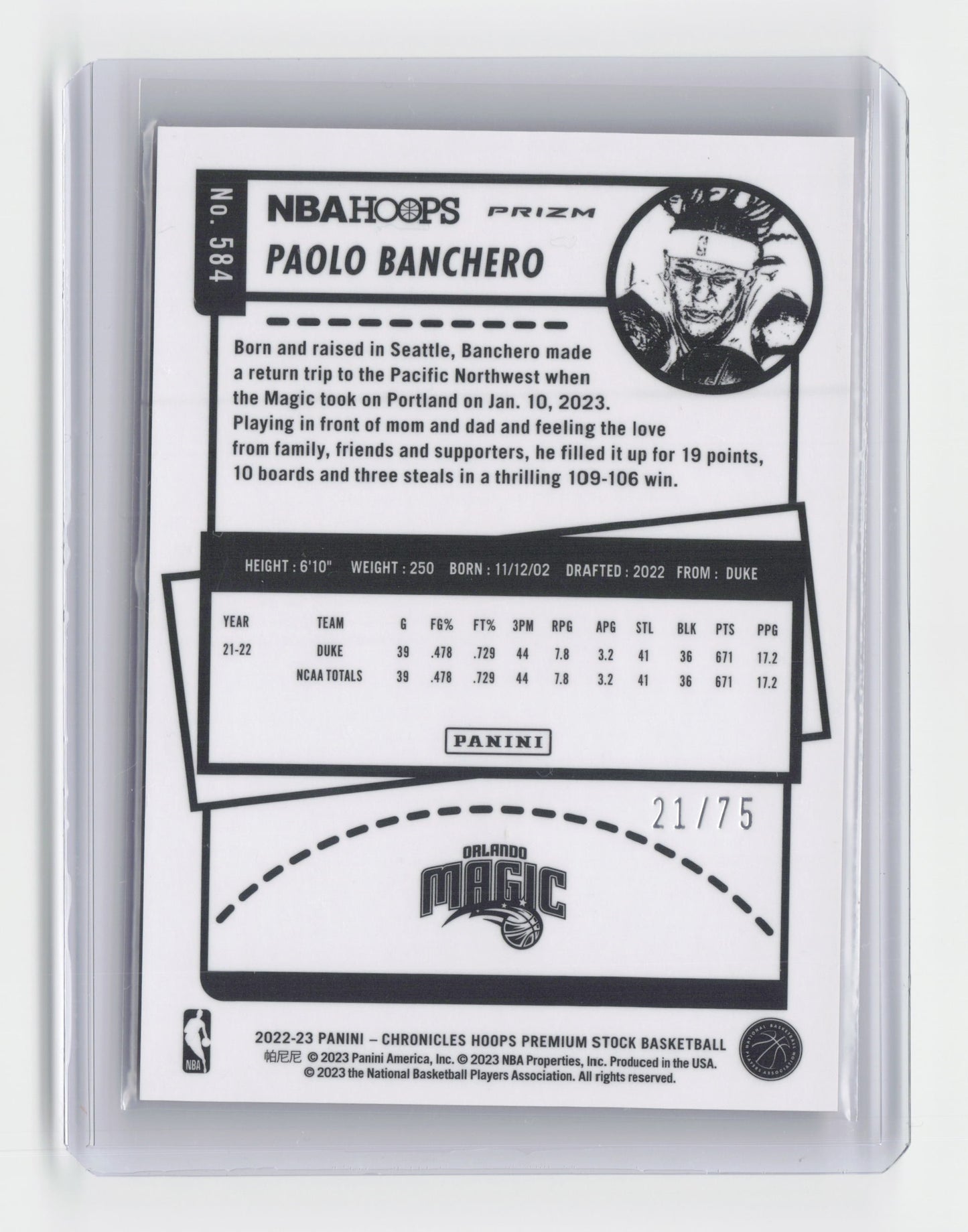 2022-23 PAOLO BANCHERO RC Orange 21/75 Hoops Magic #584