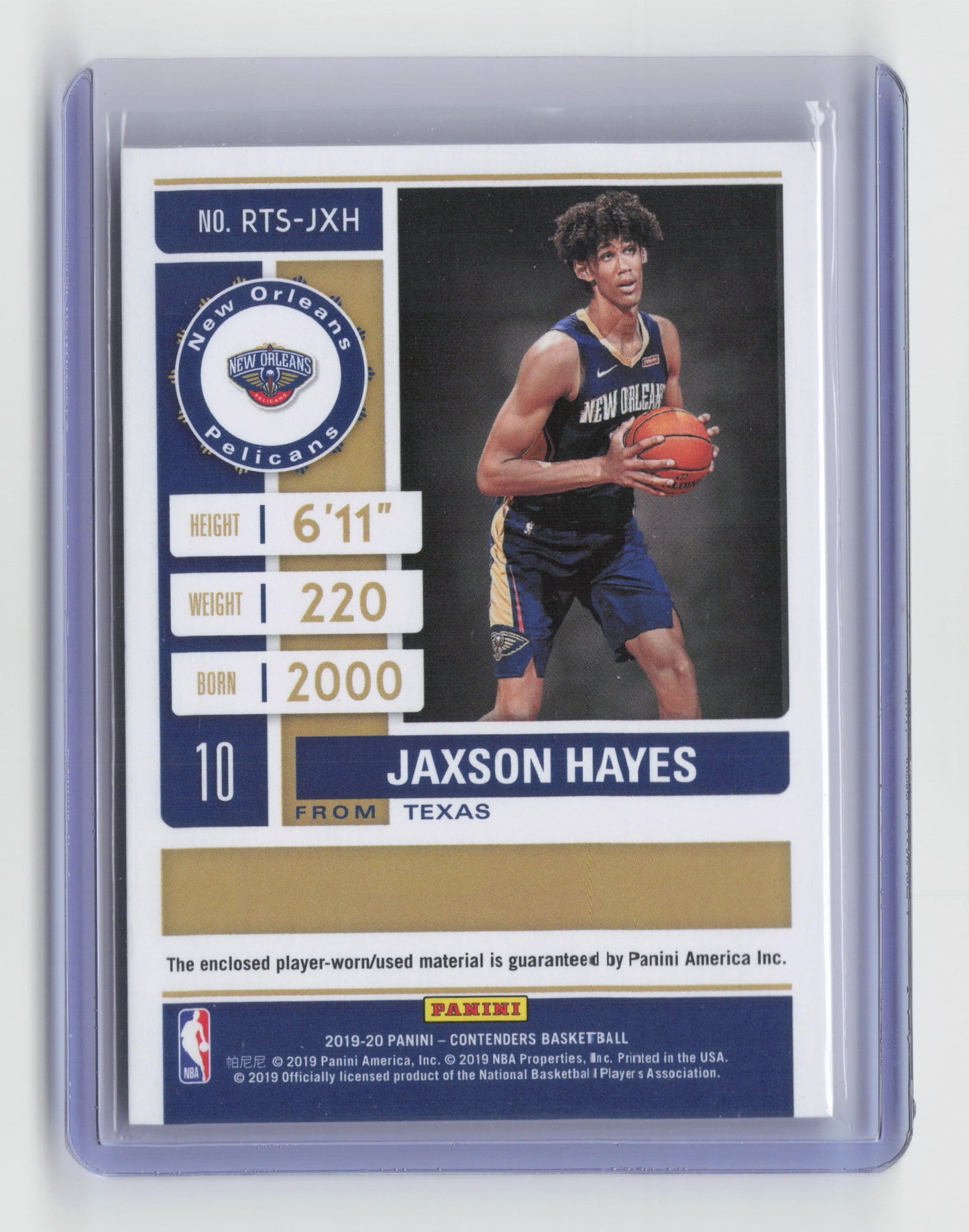 2019-20 JAXSON HAYES Rookie Patch Game Worn Contenders Pelicans #RTS-JXH