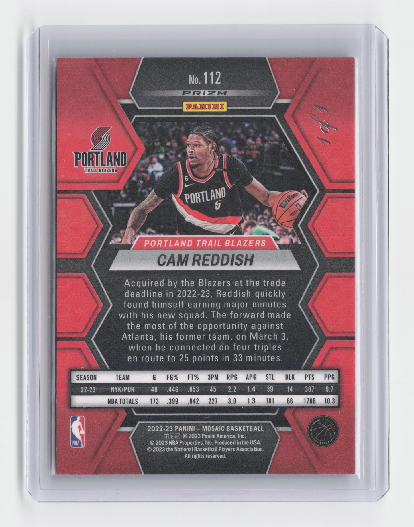2022-23 CAM REDDISH One of One SSP 1/1 Black Mosaic Blazers #112