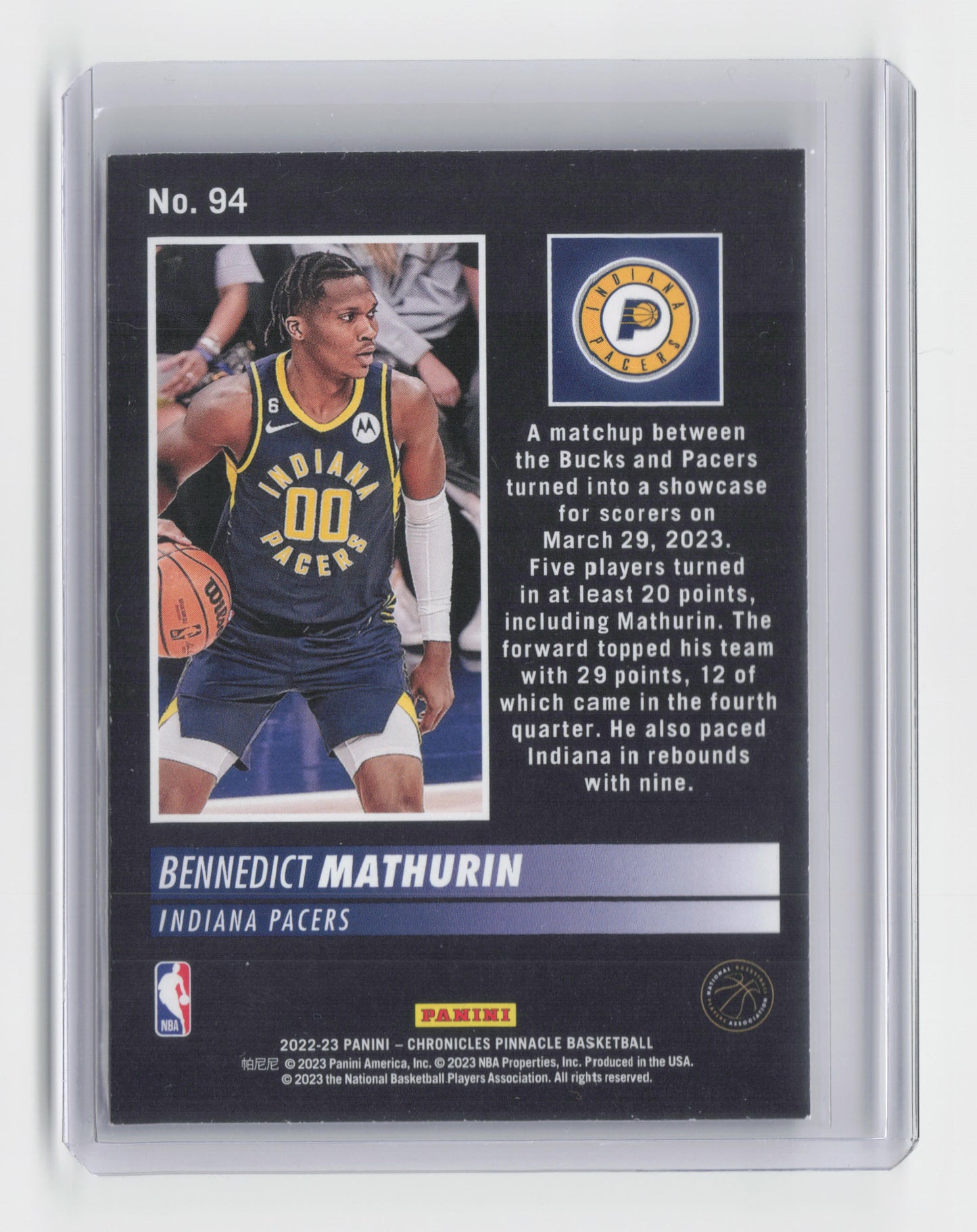 2022-23 BENNEDICT MATHURIN Pinnacle RC Chronicles Pacers #94