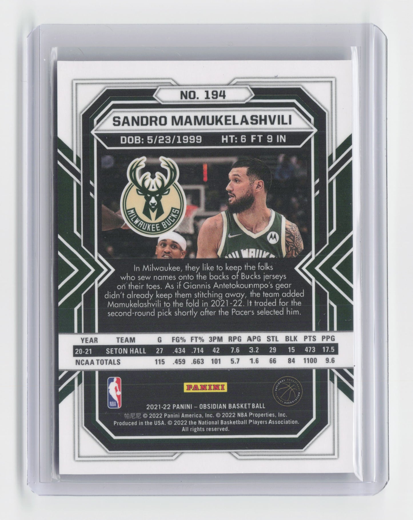 2021-22 SANDRO MAMUKELASHVILI Rookie Base Obsidian Bucks #194