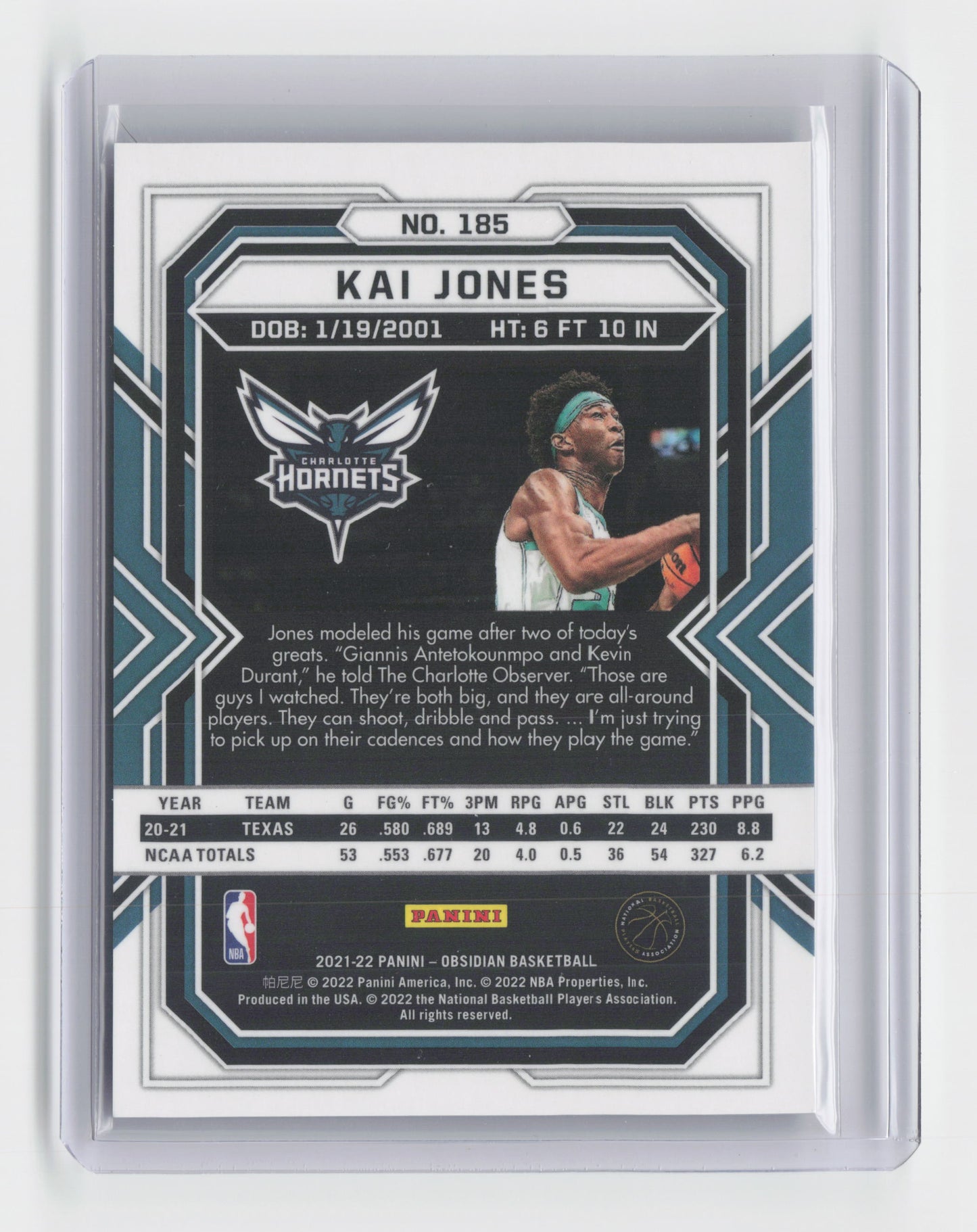 2021-22 KAI JONES Rookie Base Obsidian Hornets #185