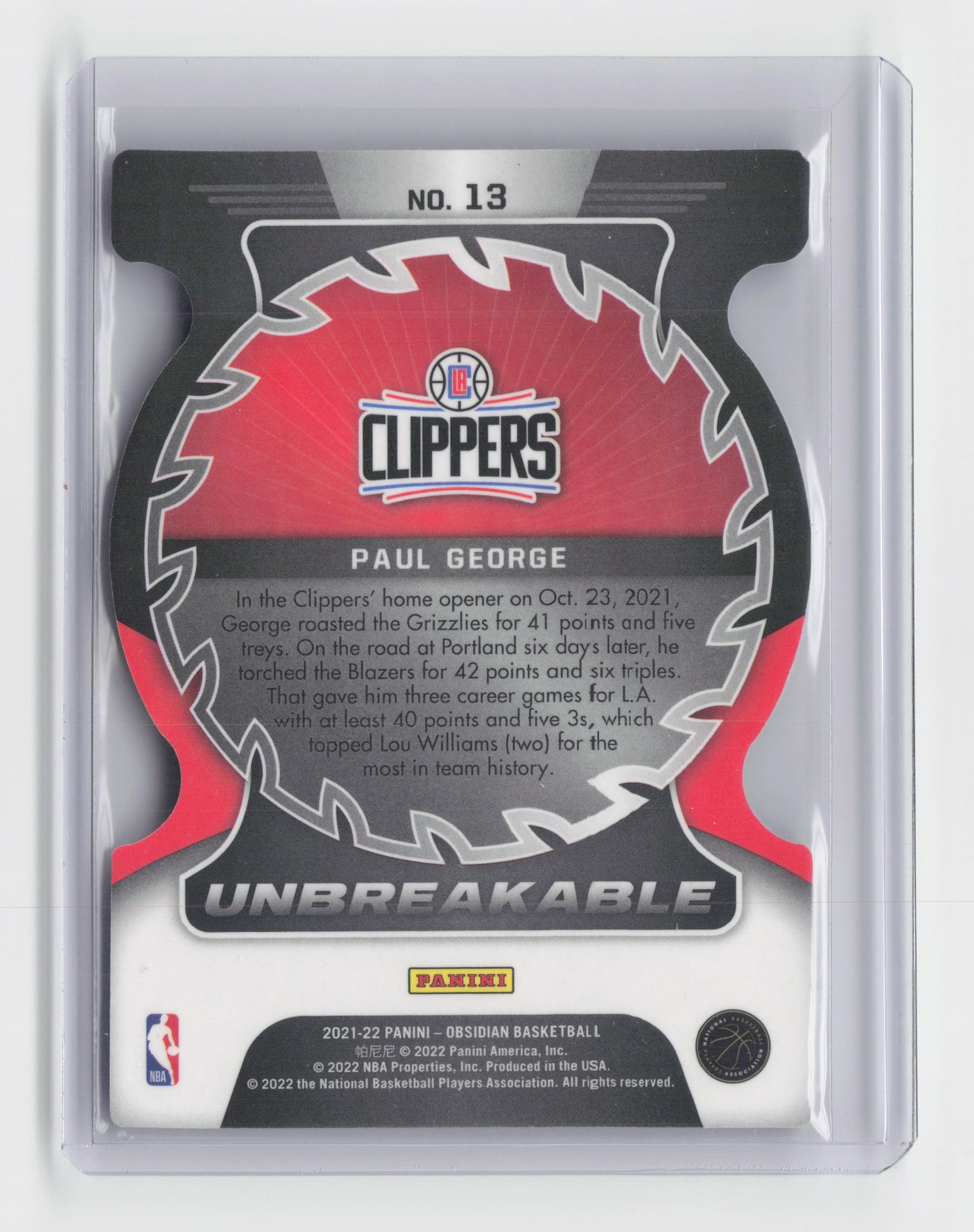 2021-22 PAUL GEORGE Unbreakable Die-Cut Holo Obsidian Clippers #13