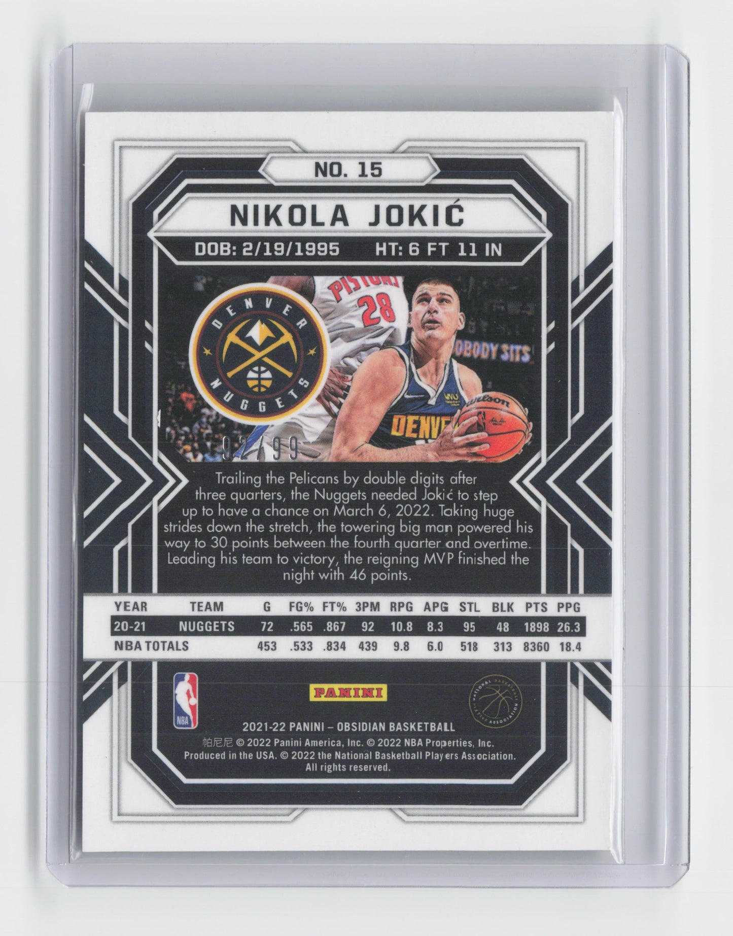 2021-22 NIKOLA JOKIC Red/Yellow/Green 92/99 Obsidian Nuggets #15