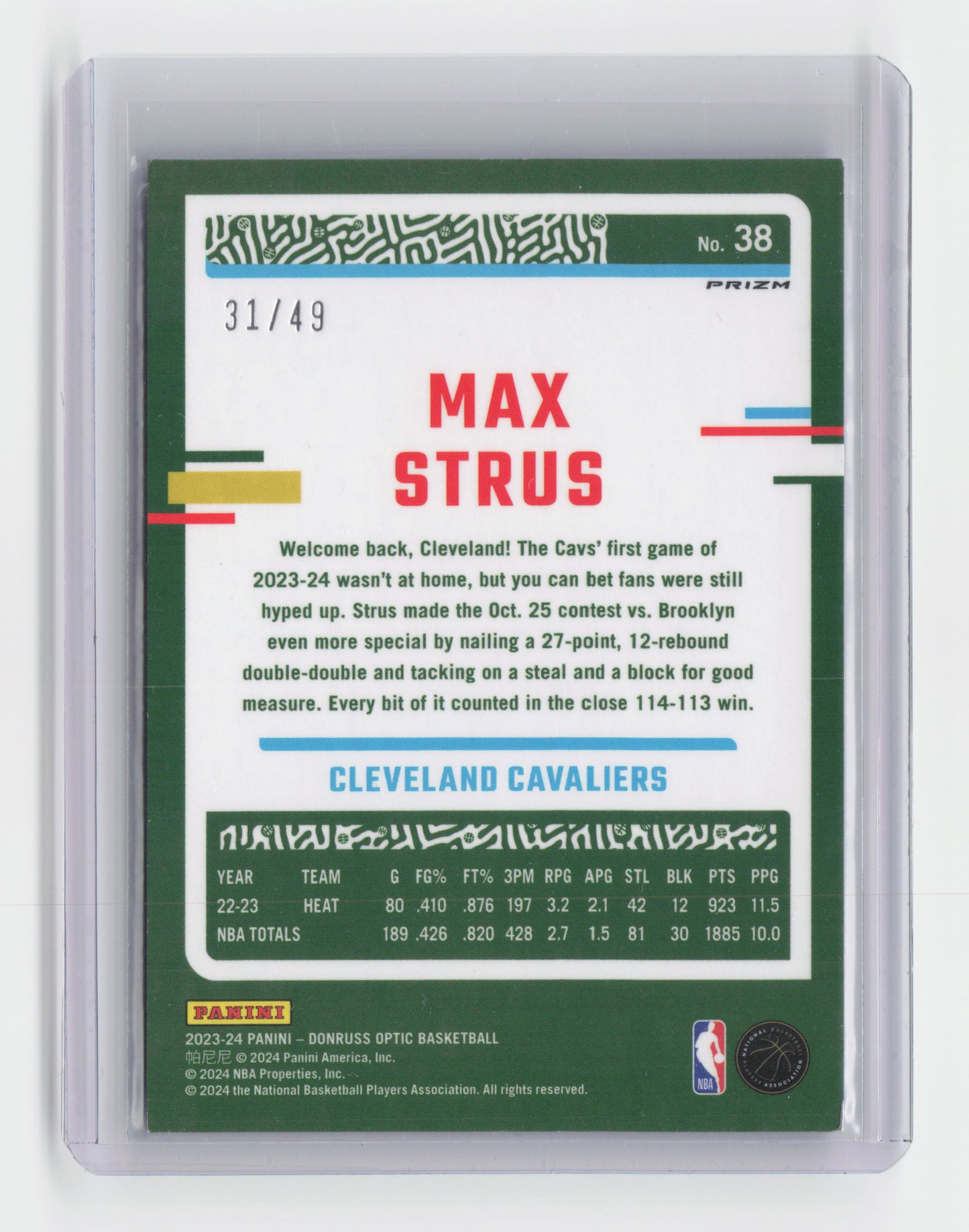 2023-24 MAX STRUS Fast Break Blue 31/49 Optic Cavaliers #38