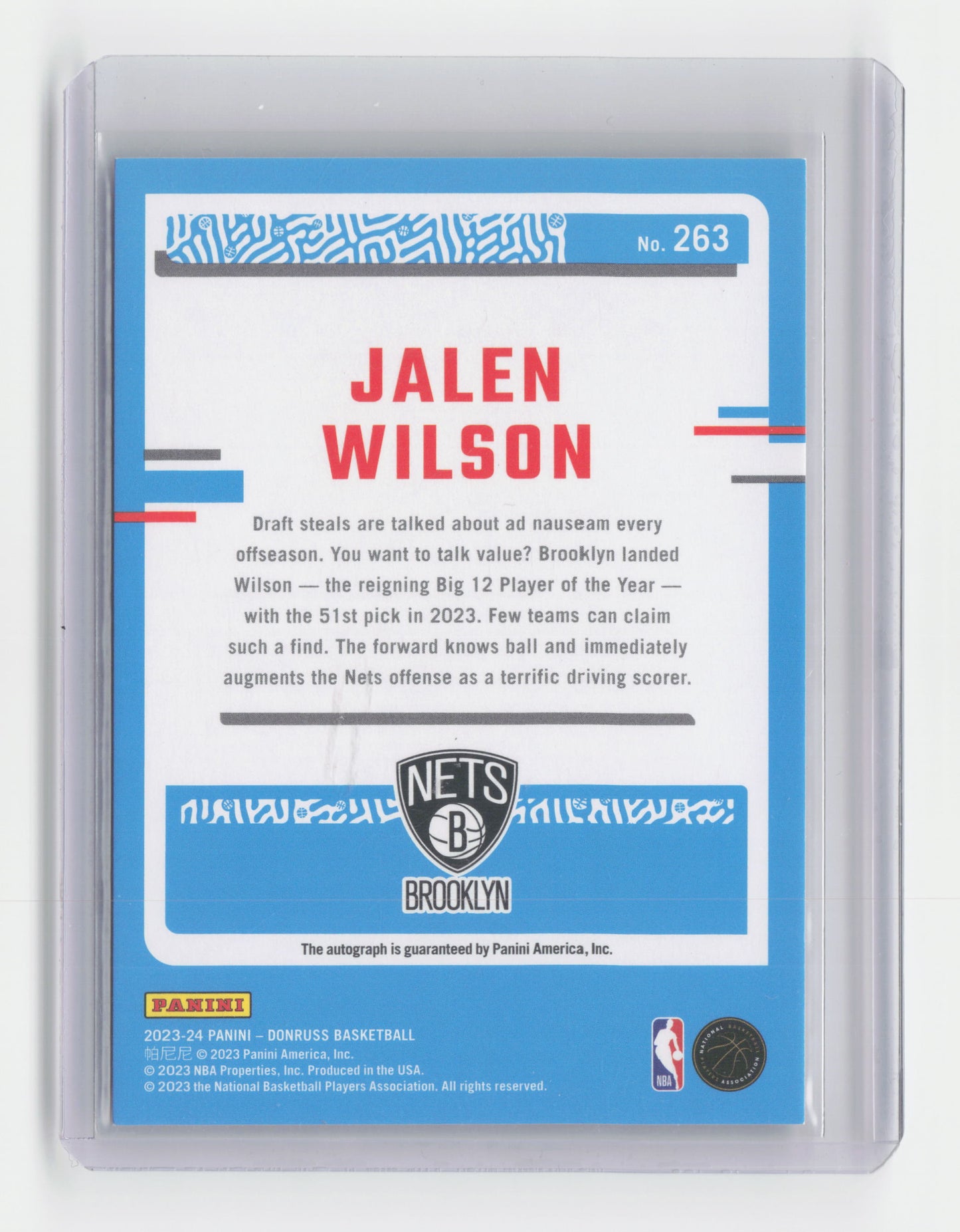 2023-24 JALEN WISON Rated Rookie Autograph SP 38/75 Donruss Nets #263