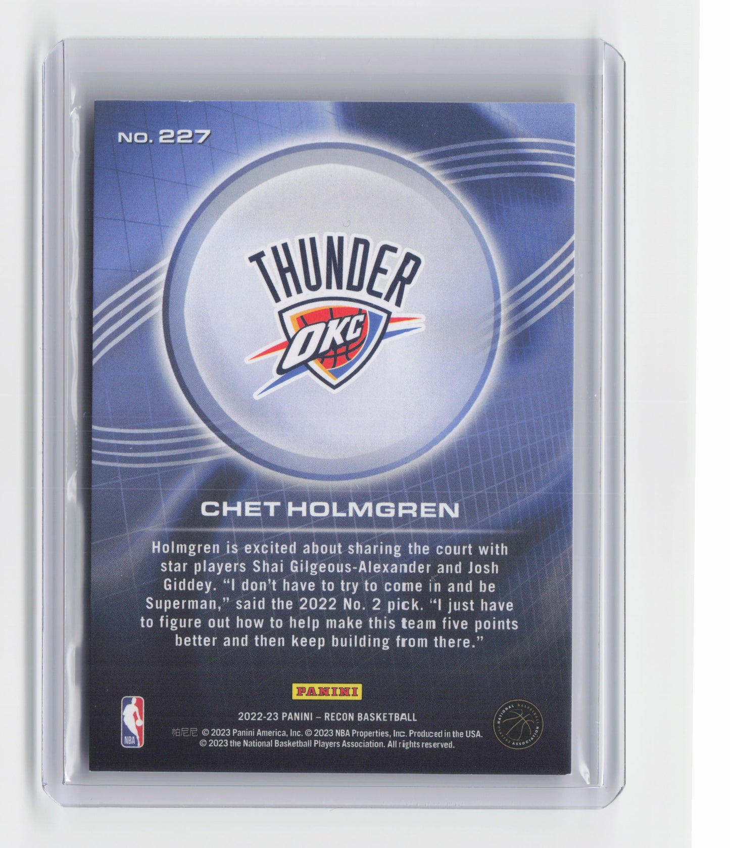 2022-23 CHET HOLMGREN RC Gold Top 270/299 Recon OKC #227