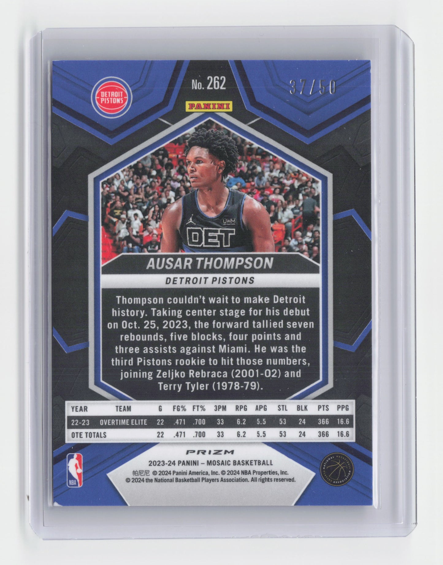 2023-24 AUSAR THOMPSON Rookie NBA Debut Purple 37/50 Mosaic FB Pistons #262