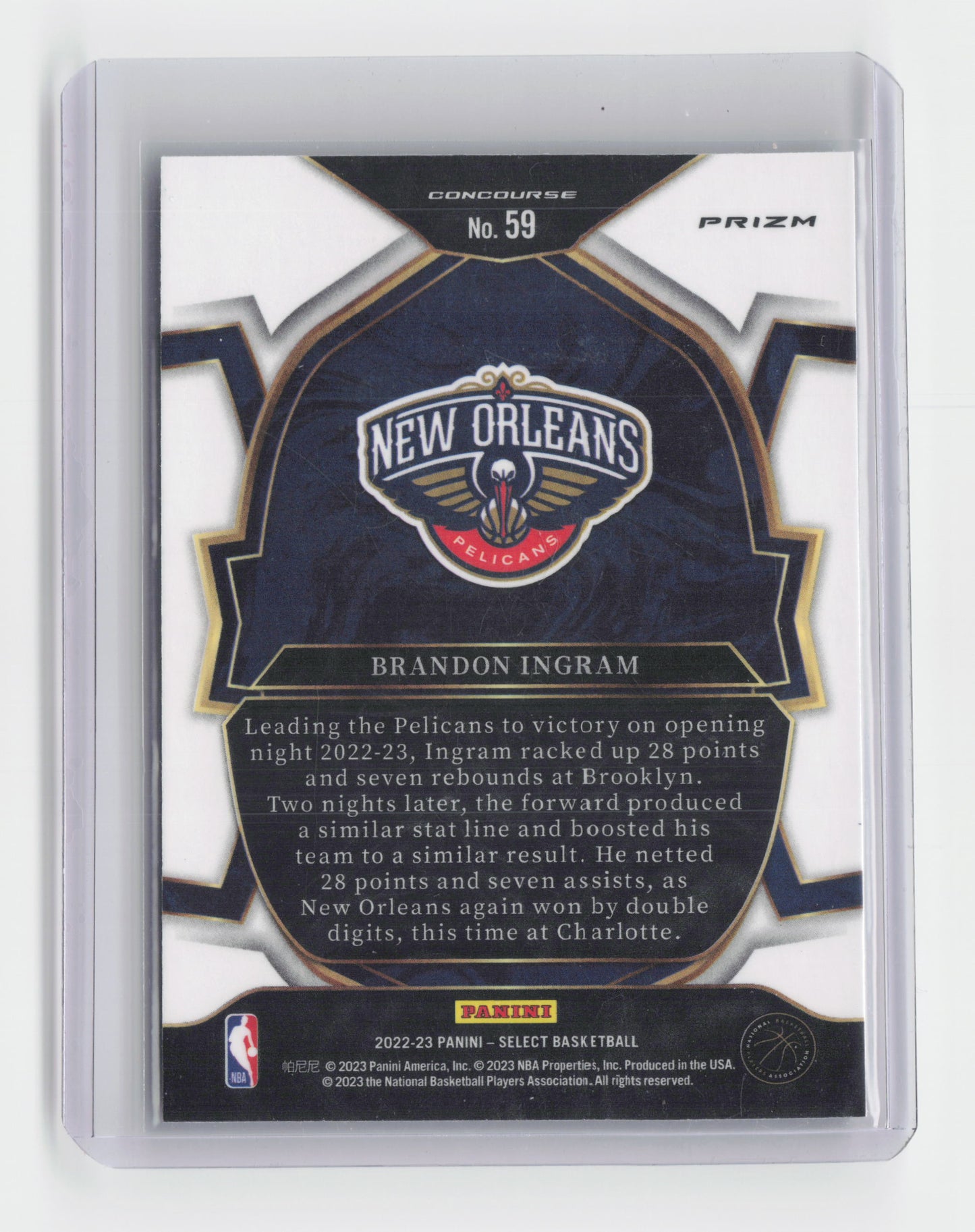 2022-23 BRANDON INGRAM Rookie Tri Colour - Select - Pelicans #59