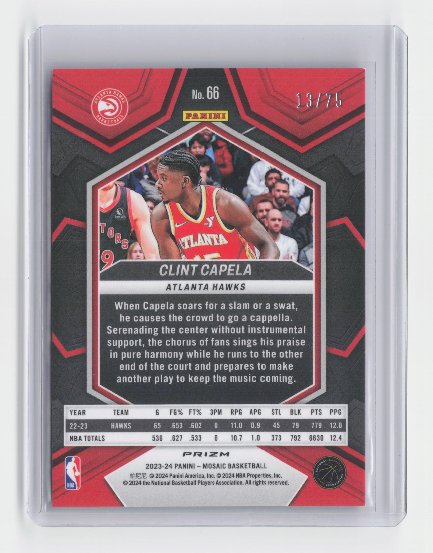 2023-24 CLINT CAPELA Red 13/75 - Mosaic International - Hawks #66