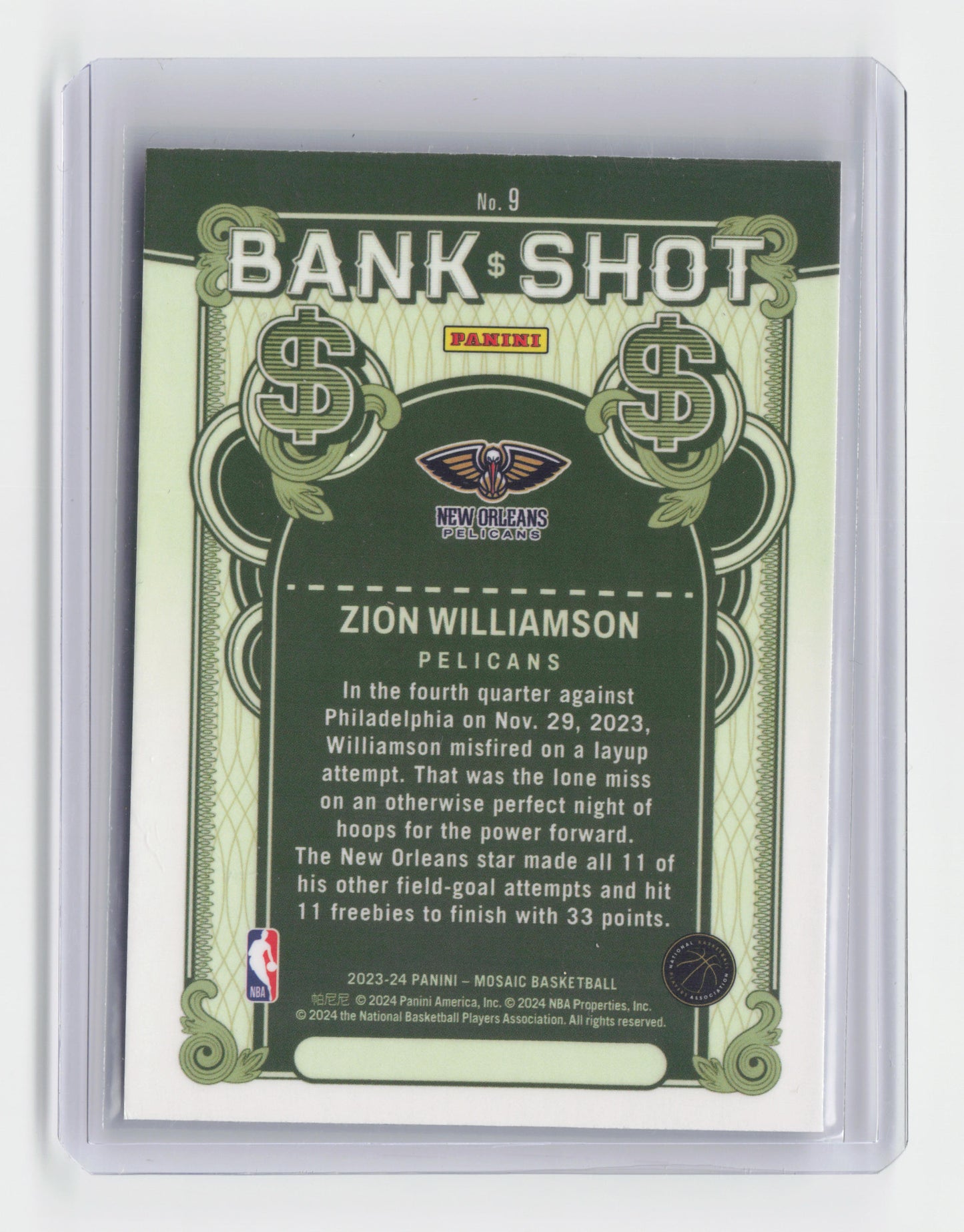 2023-24 ZION WILLIAMSON - Bank Shot Insert- Mosaic - Pelicans #9
