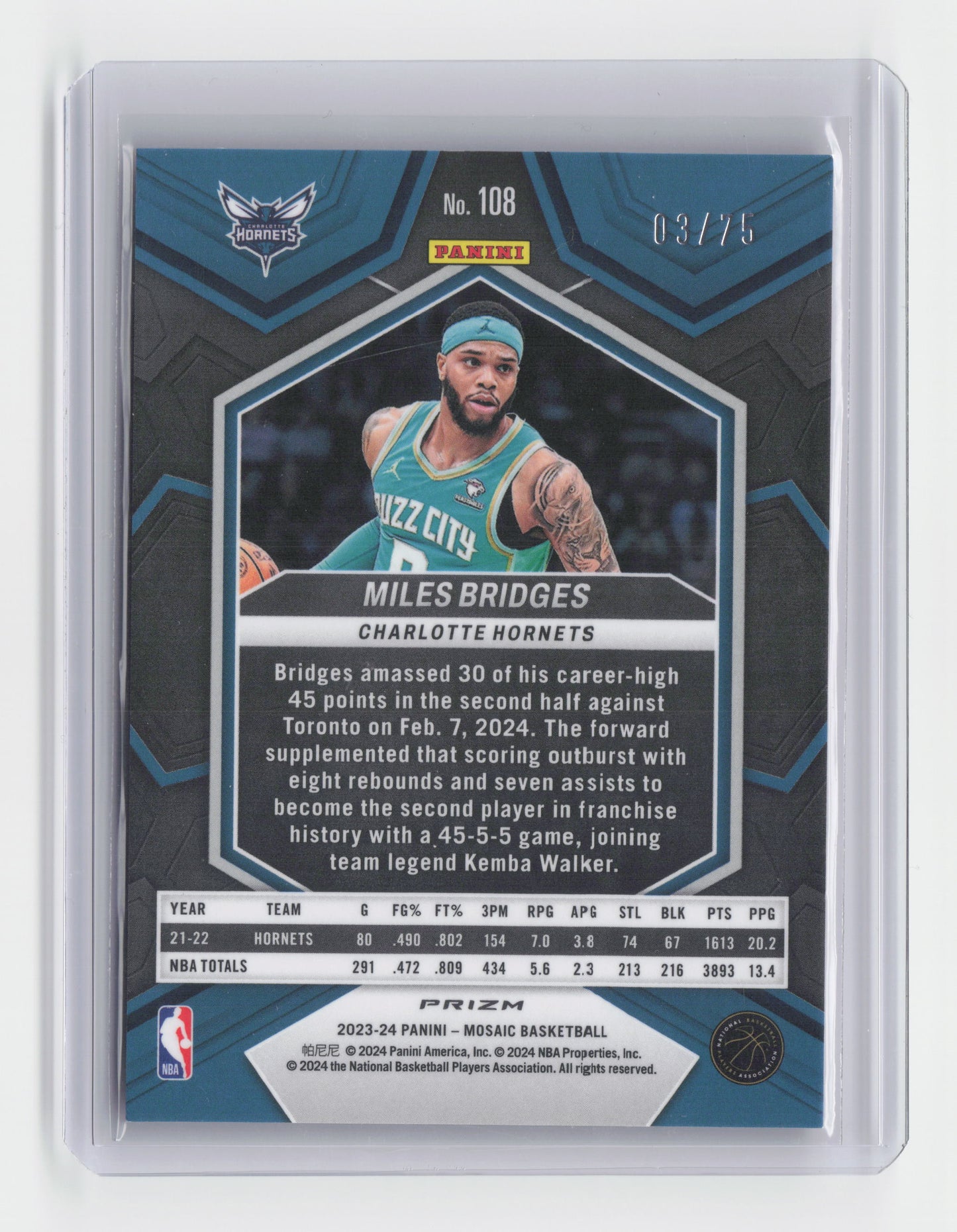 2023-24 MILES BRIDGES - Red 3/75 - Mosaic International Hobby - Hornets #108