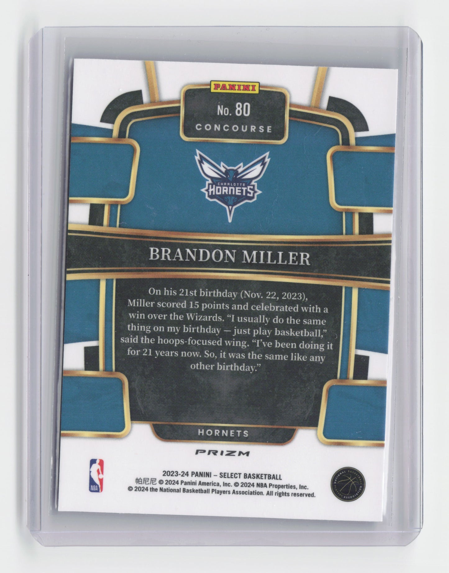 2023-24 BRANDON MILLER - Concourse Holo - Select - Hornets #80