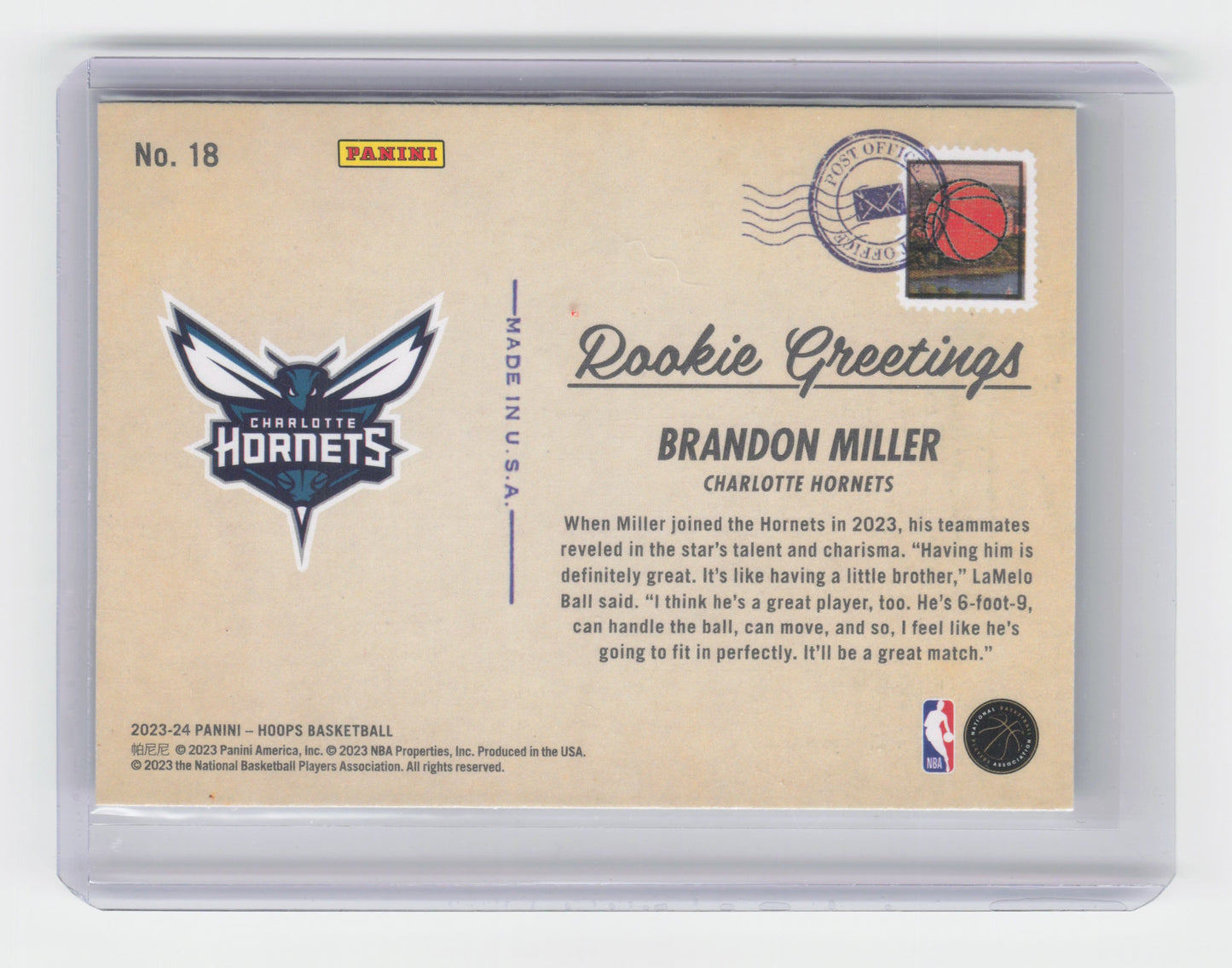 2023-24 BRANDON MILLER - Rookie Greetings - Hoops - Hornets #18