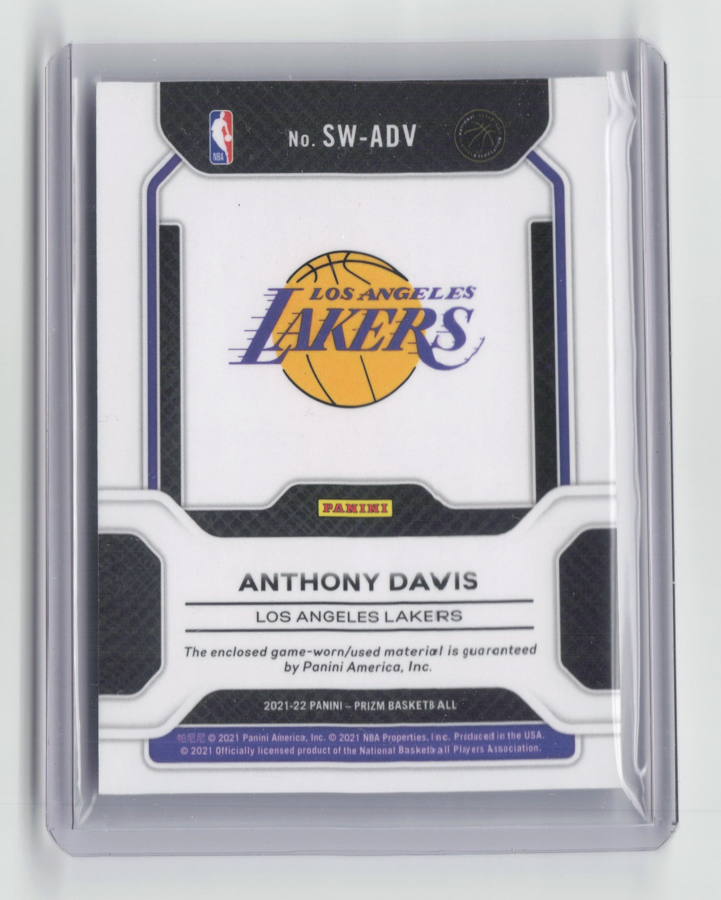 2021-22 ANTHONY DAVIS - Sensational swatches game worn patch - Prizm - Lakers
