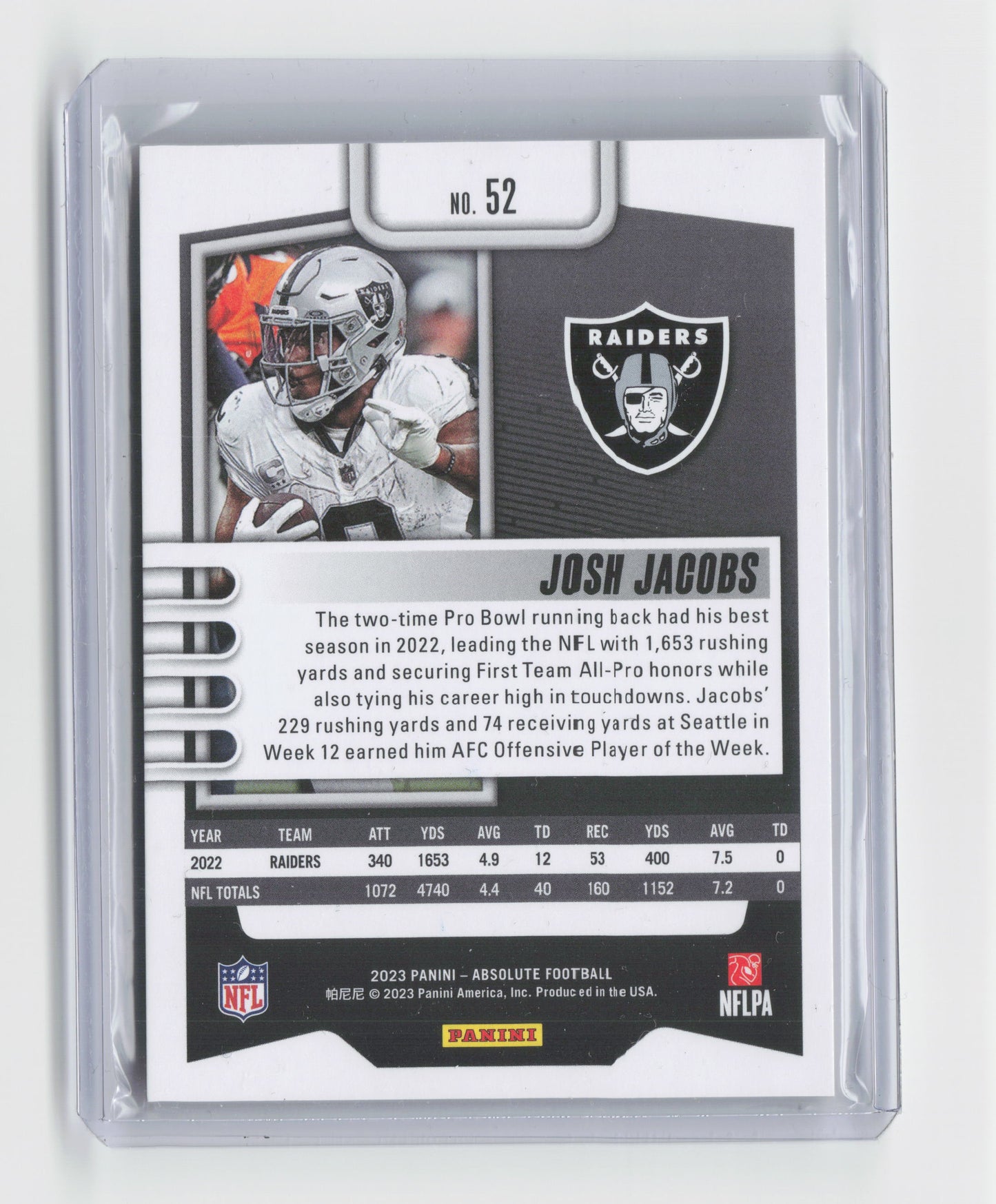 2023 JOSH JACOBS Gold 06/10 Absolute Raiders #52 NFL