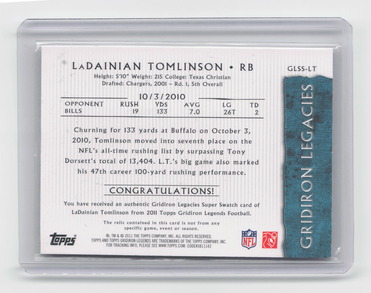 2011 LaDAINIAN TOMLINSON Gridiron Legacies game Worn Jersey 13/15 #glss-lt NFL