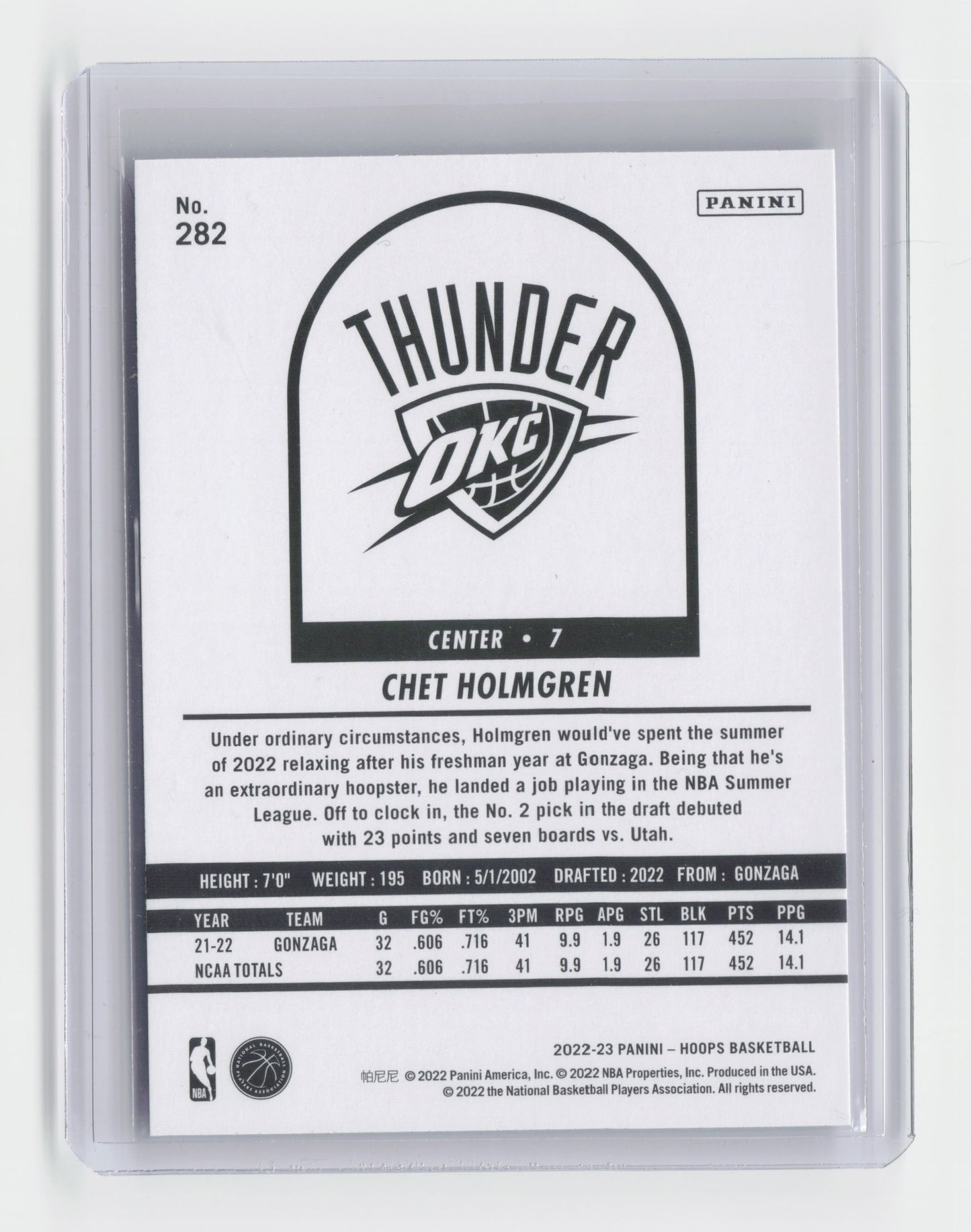 2022-23 CHET HOLMGREN - Rookie Insert - Hoops - OKC #282