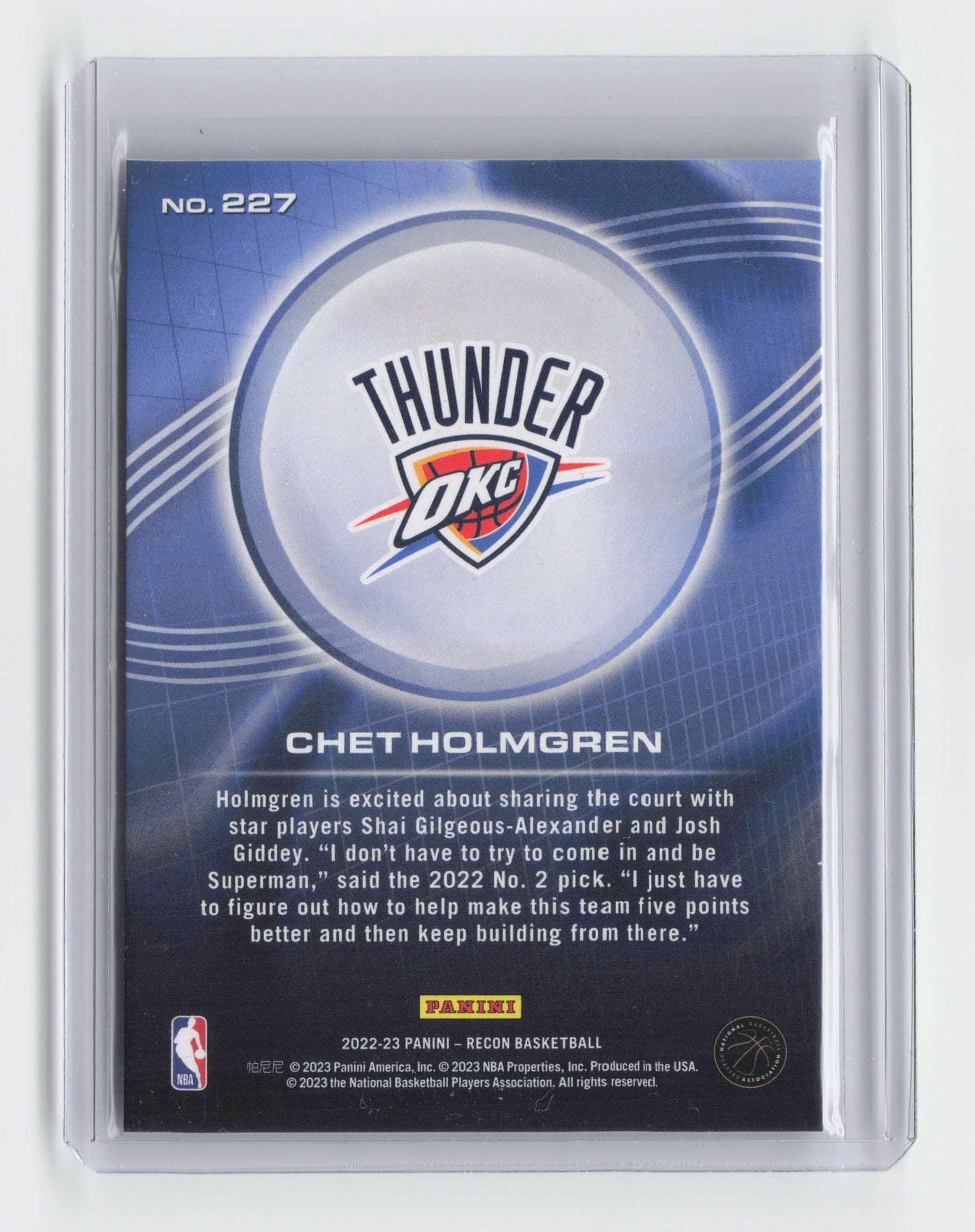 2022-23 CHET HOLMGREN - Rookie Base - Recon - OKC #227